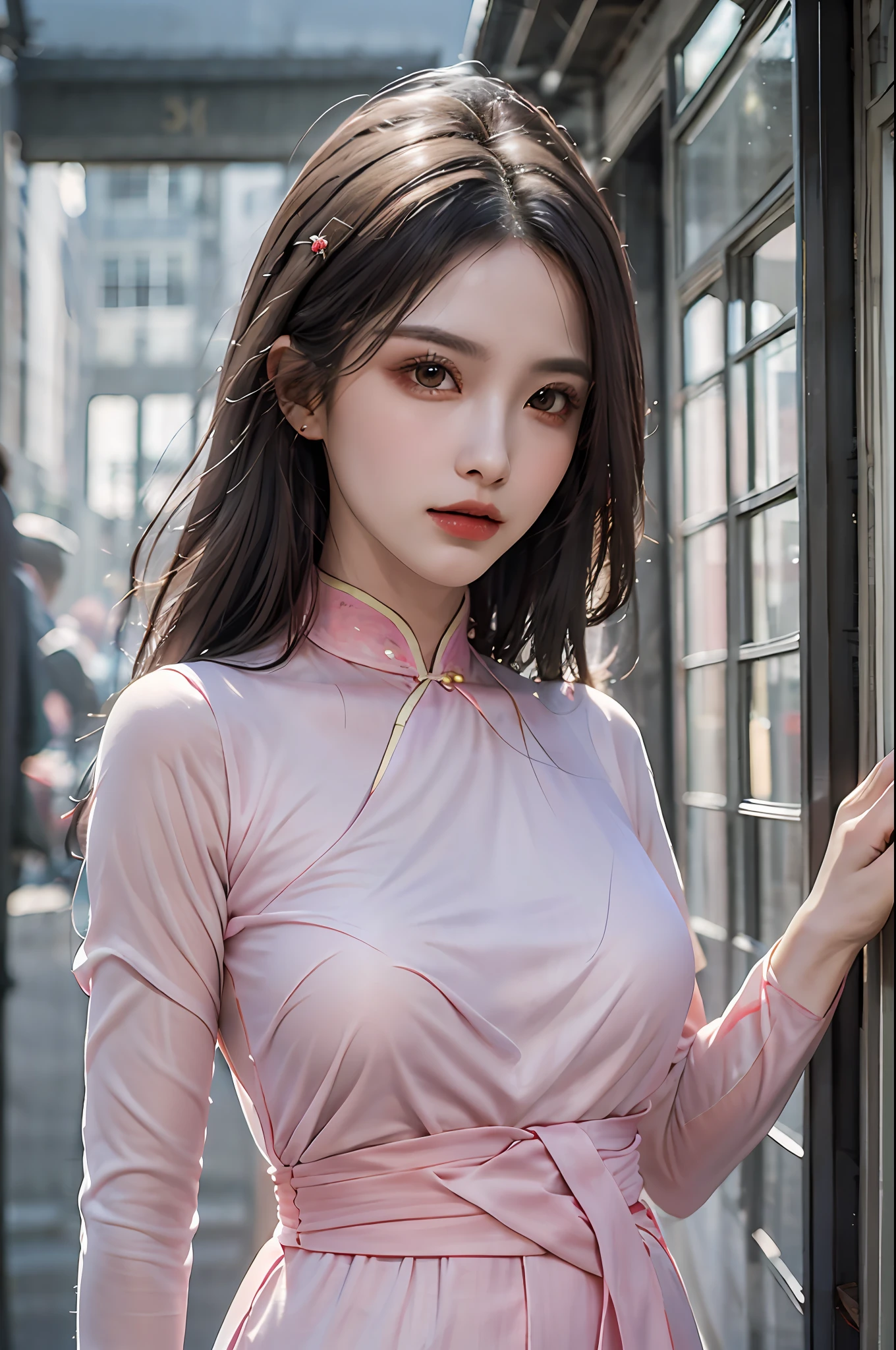 best quality, masterpiece, ultra-detailed, detailed light, (RAW photo:1.2), (photorealistic:1.4),(masterpiece:1.3),(best quality:1.4), 1girl, solo, waist up, long hair, dress, aodai, vietnamese traditional clothes