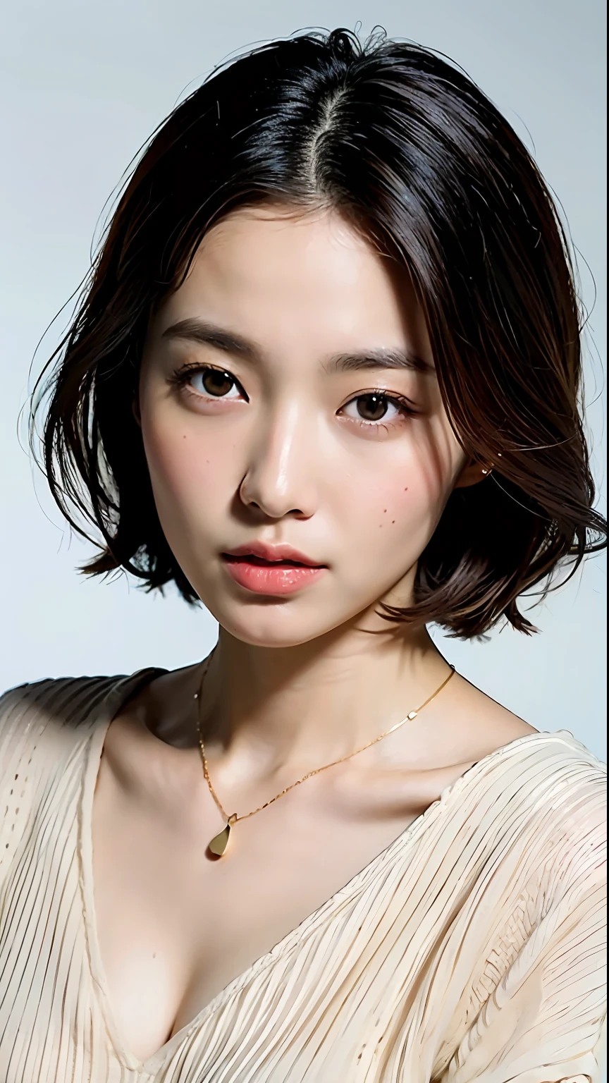 (Best Quality, 8k, 32k, Masterpiece, UHD: 1.2), Cute Japan Woman Pictures, Very Short Bob Hair, Upper Body, Face Focus, oversized_sweater, Necklace, Simple Background, From Above, Watch the Viewer,