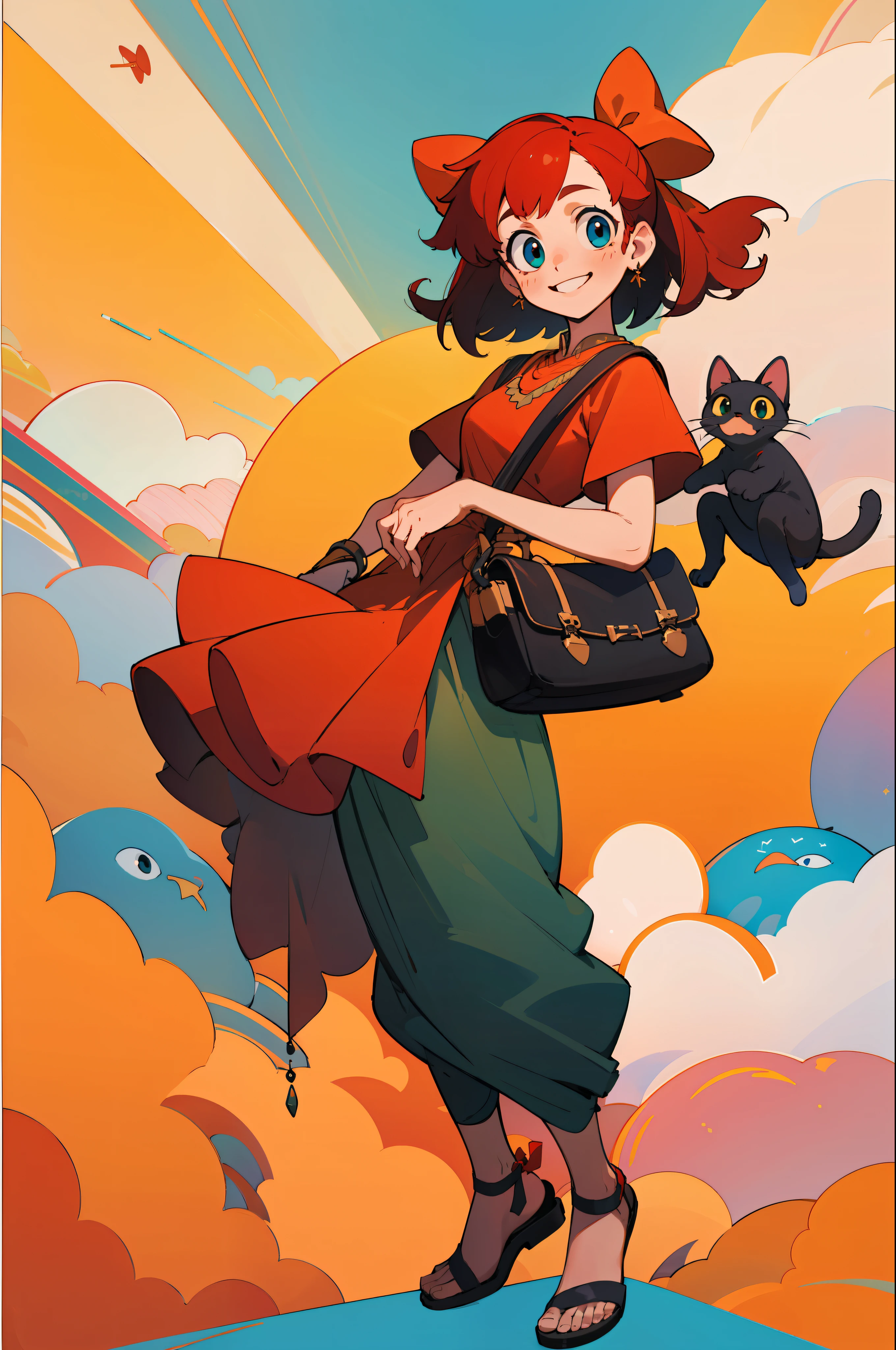 (masterpiece:1.4), (best qualit:1.4), (high resolution:1.4),1girl, Indian attire, black salwar, (red hair bow:1), messenger bag, looking at viewer, smile, black_cat, red sandals
