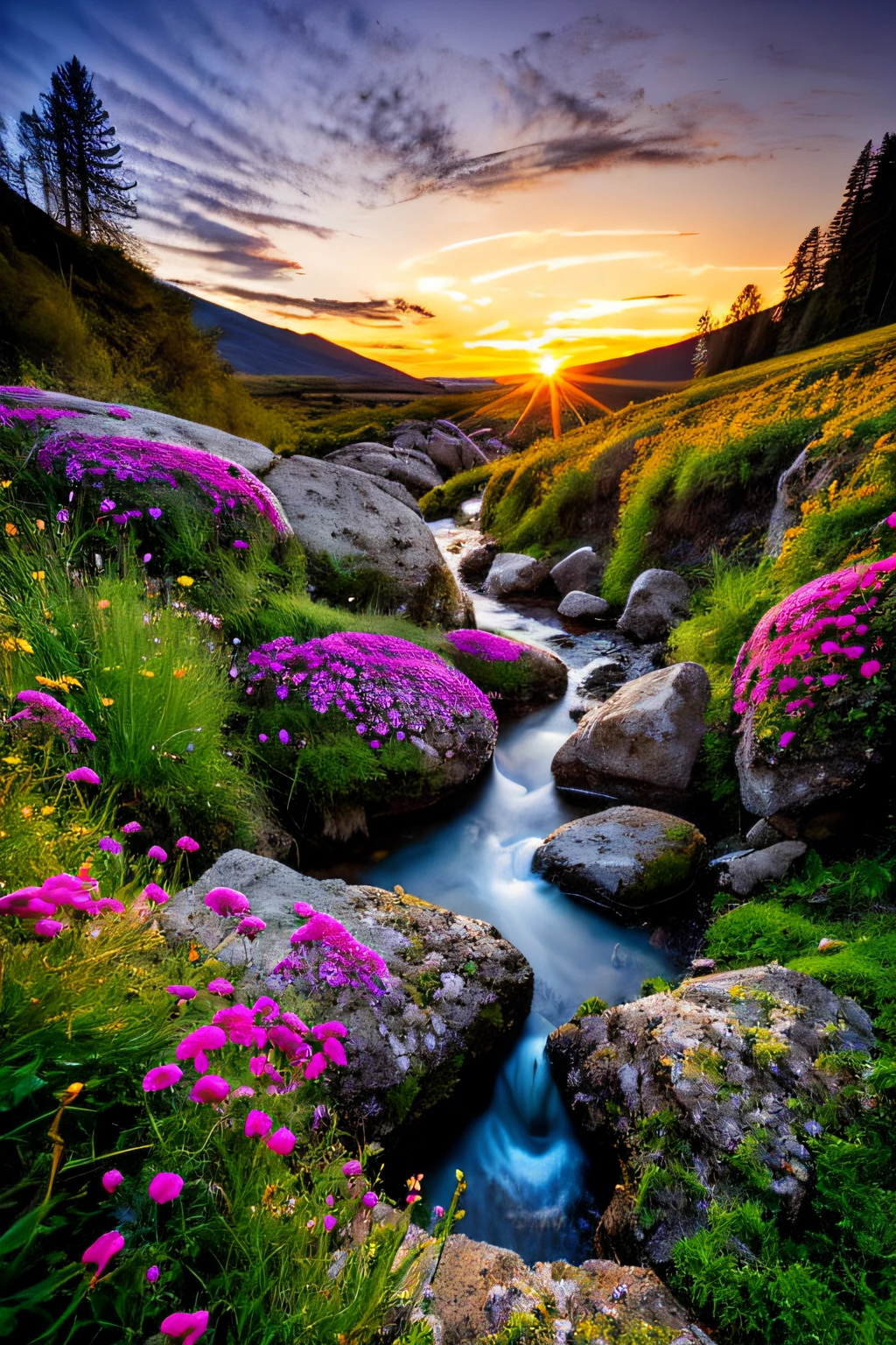 hotsprings, cliffs, waves, opalescent, (Photoluminescence), fantasy, clear, Cinematic RAW photo, hyper real photo, ultrarealistic, dslr, soft lighting, high quality, reflections, photo, (sparkling) splashing rainbows, glistening, (iridescent), (alien flowers), glimmering, foam, foamy, wet, dripping, trinkling, crystals growing, (secret treasure in it), misty, mystical, enchanting, glittering, sunset, (masterpiece) (best quality) (detailed) (8k) (HDR) (cinematic lighting) (sharp focus) (intricate), many lights on rocks, fairy lights in trees, magical colors and atmosphere, enchanting landscape, epic dreamlike fantasy landscape, giant fluorescent fungi, magical colors and atmosphere, impressive fantasy landscape, bioluminescent, epic and stunning, magical environment, celestial, fairies, moons, wildflowers, glowing orbs