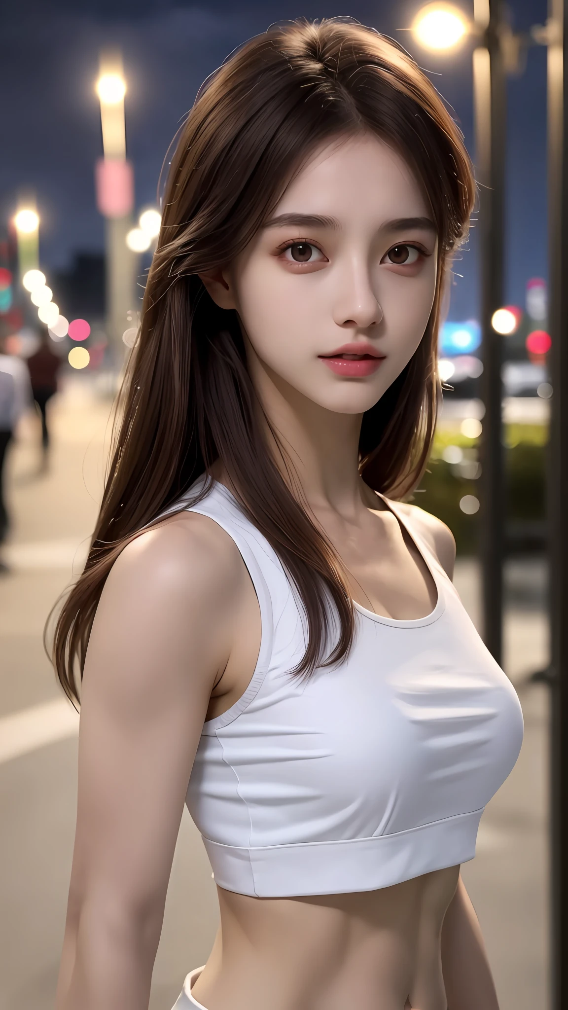 ((Realistic lighting, Best quality, 8K, Masterpiece: 1.3)), Clear focus: 1.2, 1girl, Perfect Figure: 1.4, Slim Abs: 1.1, ((Dark brown hair)), (White crop top: 1.4), (Outdoor, Night: 1.1), City streets, Super fine face, Fine eyes, Double eyelids,