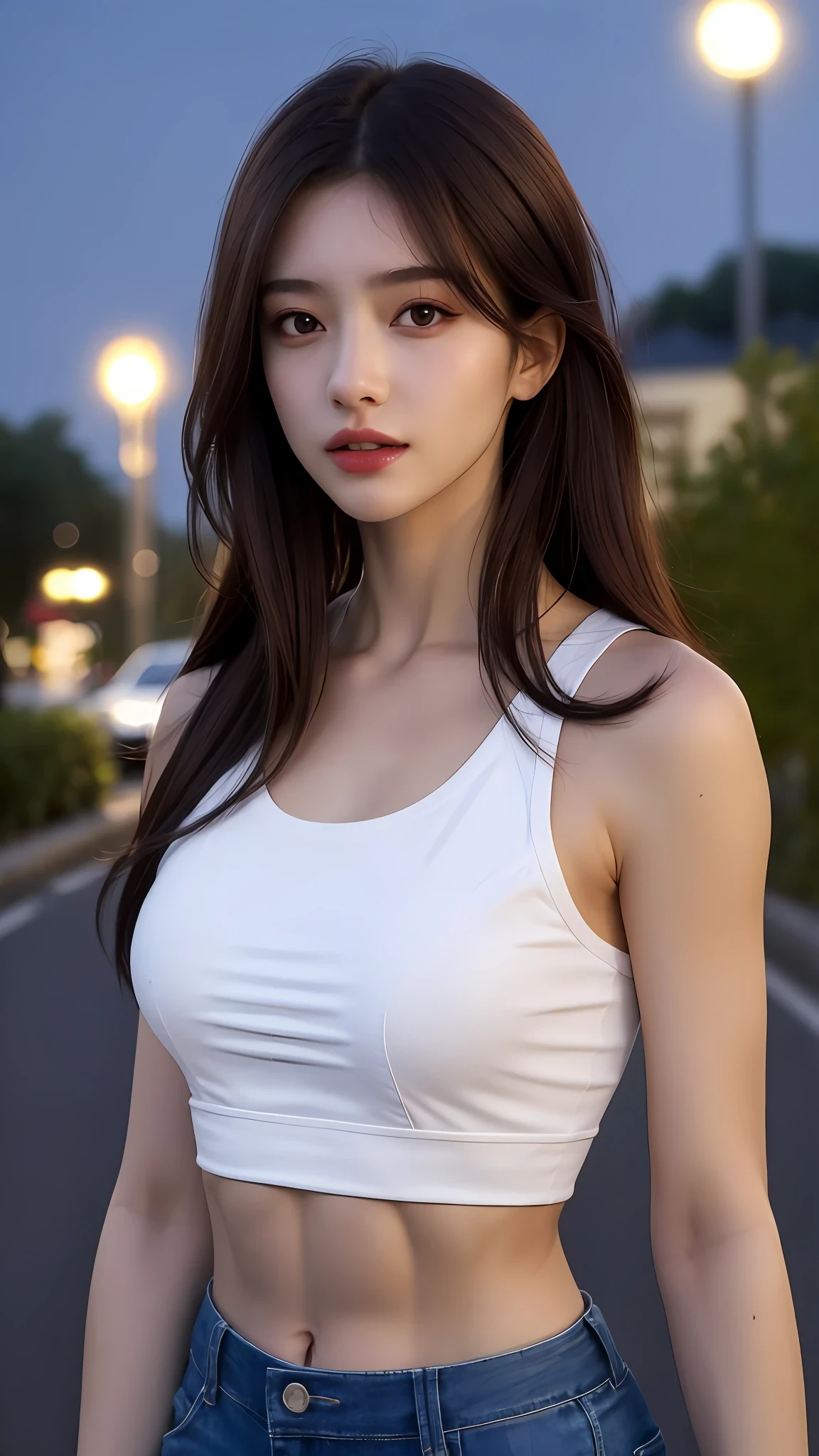((Realistic lighting, Best quality, 8K, Masterpiece: 1.3)), Clear focus: 1.2, 1girl, Perfect Figure: 1.4, Slim Abs: 1.1, ((Dark brown hair)), (White crop top: 1.4), (Outdoor, Night: 1.1), City streets, Super fine face, Fine eyes, Double eyelids,