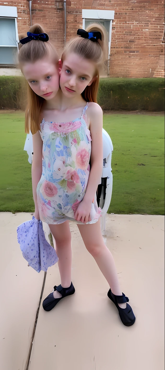 2heads, two headed girl, (one torso:1.5), pale skin, Scottish redhead, teenager, white girls, different ages, (two heads on one body:1.4), (first head uncomfortable:1.5), (second head unhappy:1.5) conjoined twins, heads side by side, one torso, young, uncomfortable, barefoot