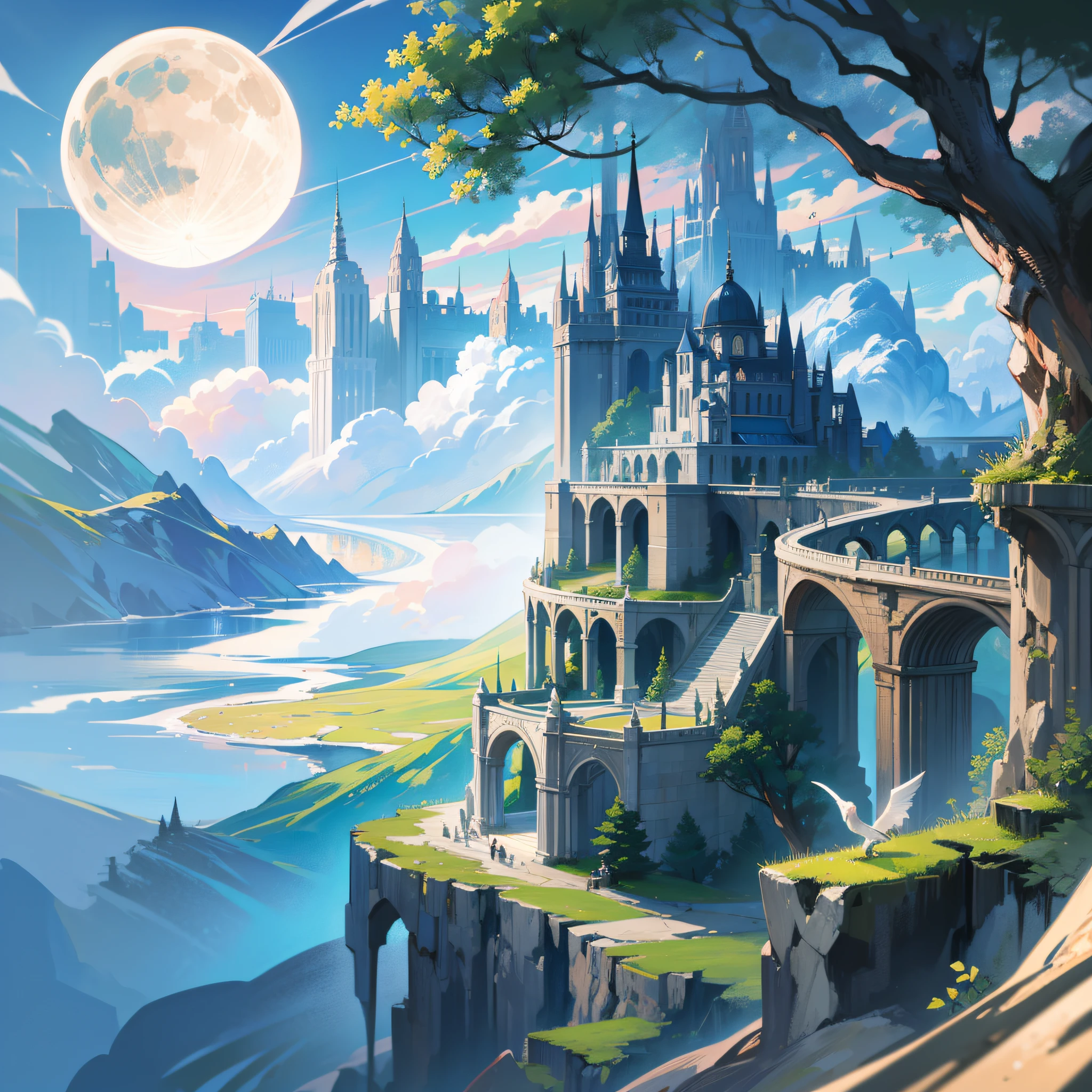 the universe，Western magic，magic world，magic，babel， Fantasy animals，massive trees，style of anime，High towers