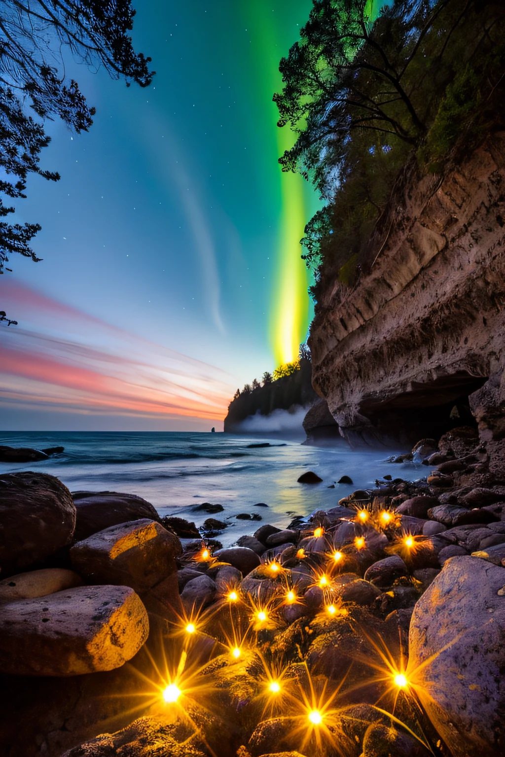hotsprings, cliffs, waves, opalescent, (Photoluminescence), fantasy, clear, Cinematic RAW photo, hyper real photo, ultrarealistic, dslr, soft lighting, high quality, reflections, photo, (sparkling) splashing rainbows, glistening, (iridescent), (glowing alien flowers), glimmering, foam, foamy, wet, dripping, trinkling, crystals growing, (secret treasure in it), misty, mystical, enchanting, glittering, sunset, (masterpiece) (best quality) (detailed) (8k) (HDR) (cinematic lighting) (sharp focus) (intricate), many lights on rocks, fairy lights in trees, magical colors and atmosphere, enchanting landscape, epic dreamlike fantasy landscape, giant fluorescent fungi, magical colors and atmosphere, impressive fantasy landscape, bioluminescent, epic and stunning, magical environment, celestial, fairies, moons looming, wildflowers, natural bridge, view