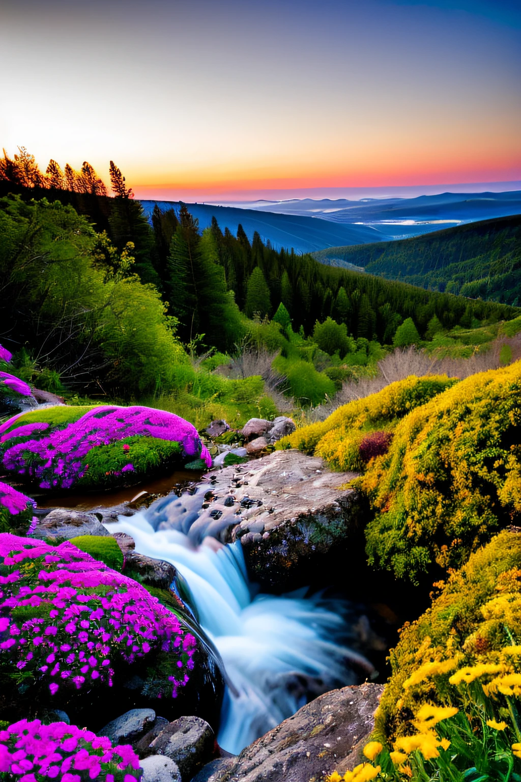 hotsprings, cliffs, waves, opalescent, (Photoluminescence), fantasy, clear, Cinematic RAW photo, hyper real photo, ultrarealistic, dslr, soft lighting, high quality, reflections, photo, (sparkling) splashing rainbows, glistening, (iridescent), (glowing alien flowers), glimmering, foam, foamy, wet, dripping, trinkling, crystals growing, (secret treasure in it), misty, mystical, enchanting, glittering, sunset, (masterpiece) (best quality) (detailed) (8k) (HDR) (cinematic lighting) (sharp focus) (intricate), many lights on rocks, fairy lights in trees, magical colors and atmosphere, enchanting landscape, epic dreamlike fantasy landscape, giant fluorescent fungi, magical colors and atmosphere, impressive fantasy landscape, bioluminescent, epic and stunning, magical environment, celestial, fairies, moons looming, wildflowers, natural bridge, view