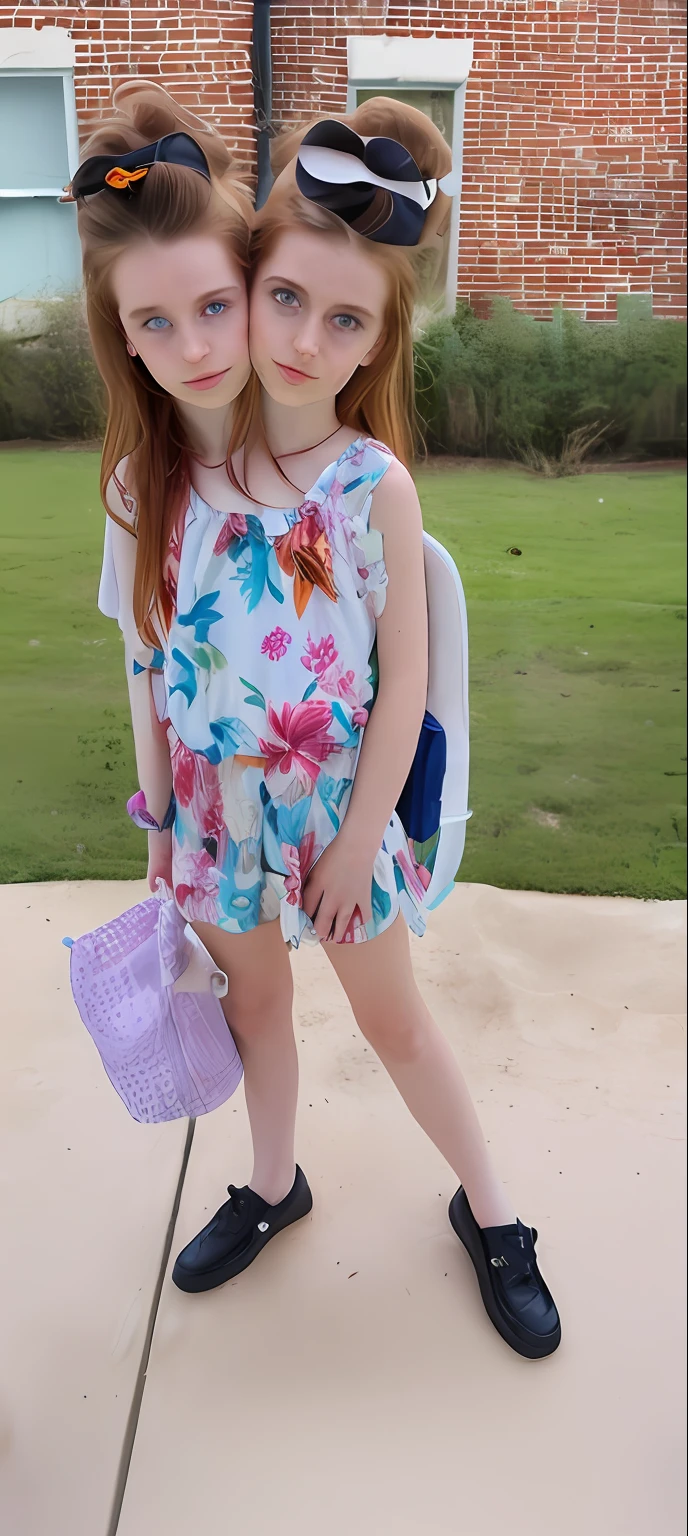 2heads, two headed girl, (one torso:1.5), pale skin, Scottish redhead, teenager, white girls, different ages, (two heads on one body:1.4), (first head uncomfortable:1.5), (second head unhappy:1.5) conjoined twins, heads side by side, one torso, young, uncomfortable, barefoot