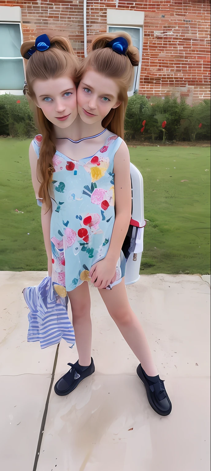 2heads, two headed girl, (one torso:1.5), pale skin, Scottish redhead, teenager, white girls, different ages, (two heads on one body:1.4), (first head uncomfortable:1.5), (second head unhappy:1.5) conjoined twins, heads side by side, one torso, young, uncomfortable, barefoot
