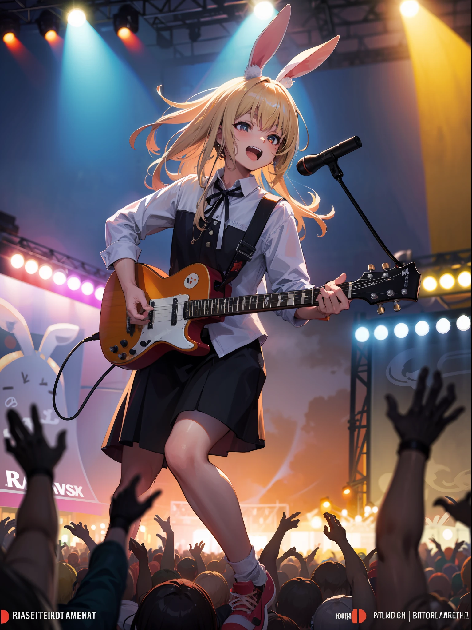 rabbit man playing the guitar, rockstar, crowd cheering, lights, concert, band, having fun