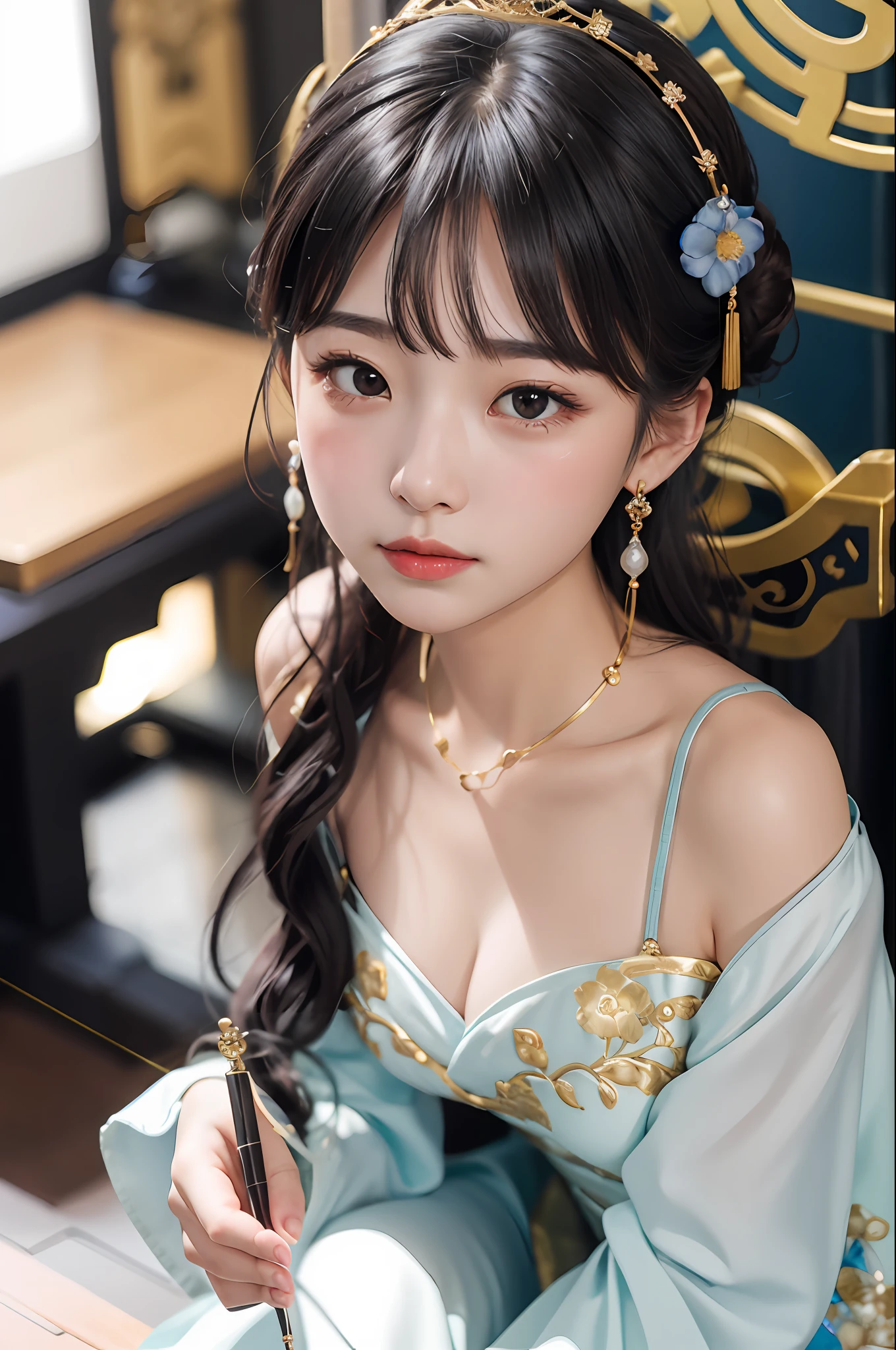 8K分辨率,deep of field,Mucha style,The little girl,Stunning beauty,Loose bun,Intricate and delicate bun,Sissy bun,black color hair,Fluffy hair,Delicate step shake,Peony flower tiara,Large flowers,A shiny hair accessory,Flirtatious,fascination,Bright and charming,There is a blush on the face,Delicate earrings,Perfect and sophisticated makeup,Light-colored Hanfu,Positive face,Delicate facial features depicted in detail,Wearing a long dress embroidered with gold silk in juanxia, Chinese style,Exquisite details,Three-dimensional facial features,Flawless,kneels on the ground,Kneel on the ground and cry,implore,Cry,Tears from the sides of the cheeks,Drop,Cry。