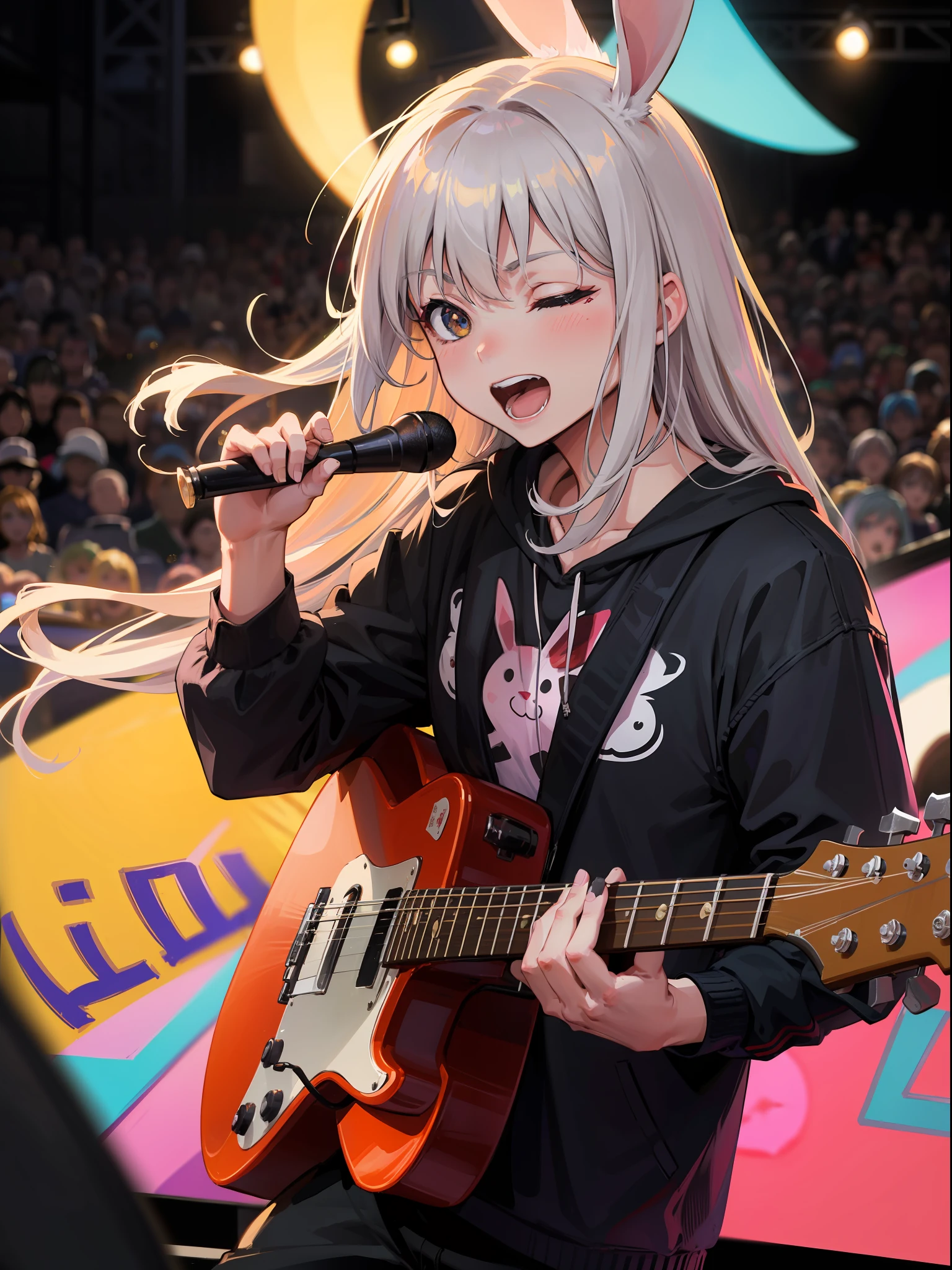 rabbit man playing the guitar, rockstar, crowd cheering, lights, concert, band, having fun