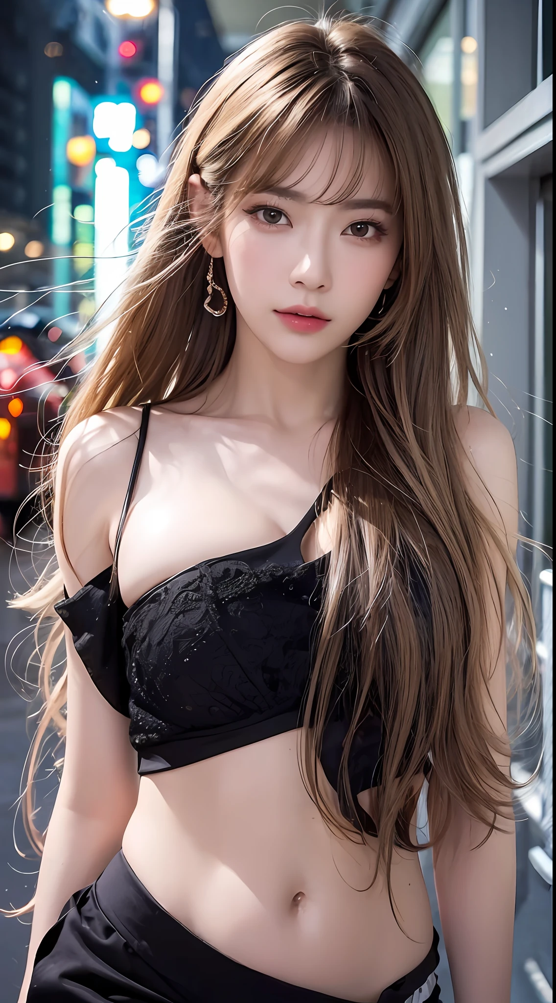 ((Realistic lighting, top quality, 8K, Masterpiece: 1.3)), Clear Focus: 1.2, 1 girl, Perfect Body Beauty: 1.4, Slim Abs: 1.1, ((Dark Brown Hair, Big: 1.3)), (Accelerate: 1.4), (Outdoor, Night: 1.1), Street, Ultra Slender Face, Fine Eyes, Double Eyelids, Exposed Cleavage, Incredibly Absurd, Messy Hair, Floating Hair,