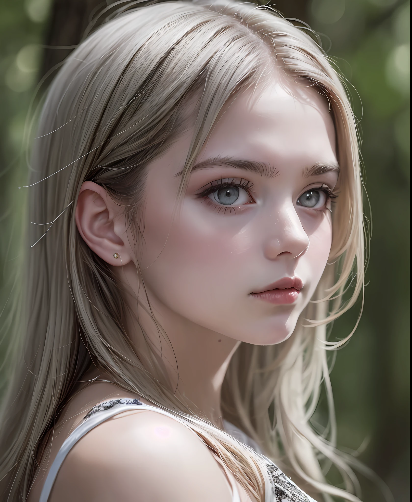 **girl in the woods haunted by ghosts, in the style of realistic fantasy artwork, ivory, dark white and dark silver, ai yazawa, anne dewailly, delicate portraits, jeff danziger , natural professional photography, Sony fx6 digital camera, atmospheric, highly detailed, UHD, both eyes the same, masterpiece, high resolution, ultra quality, 16K, skin pores, matte, model pose ,Patrick Lichfield, rule of thirds