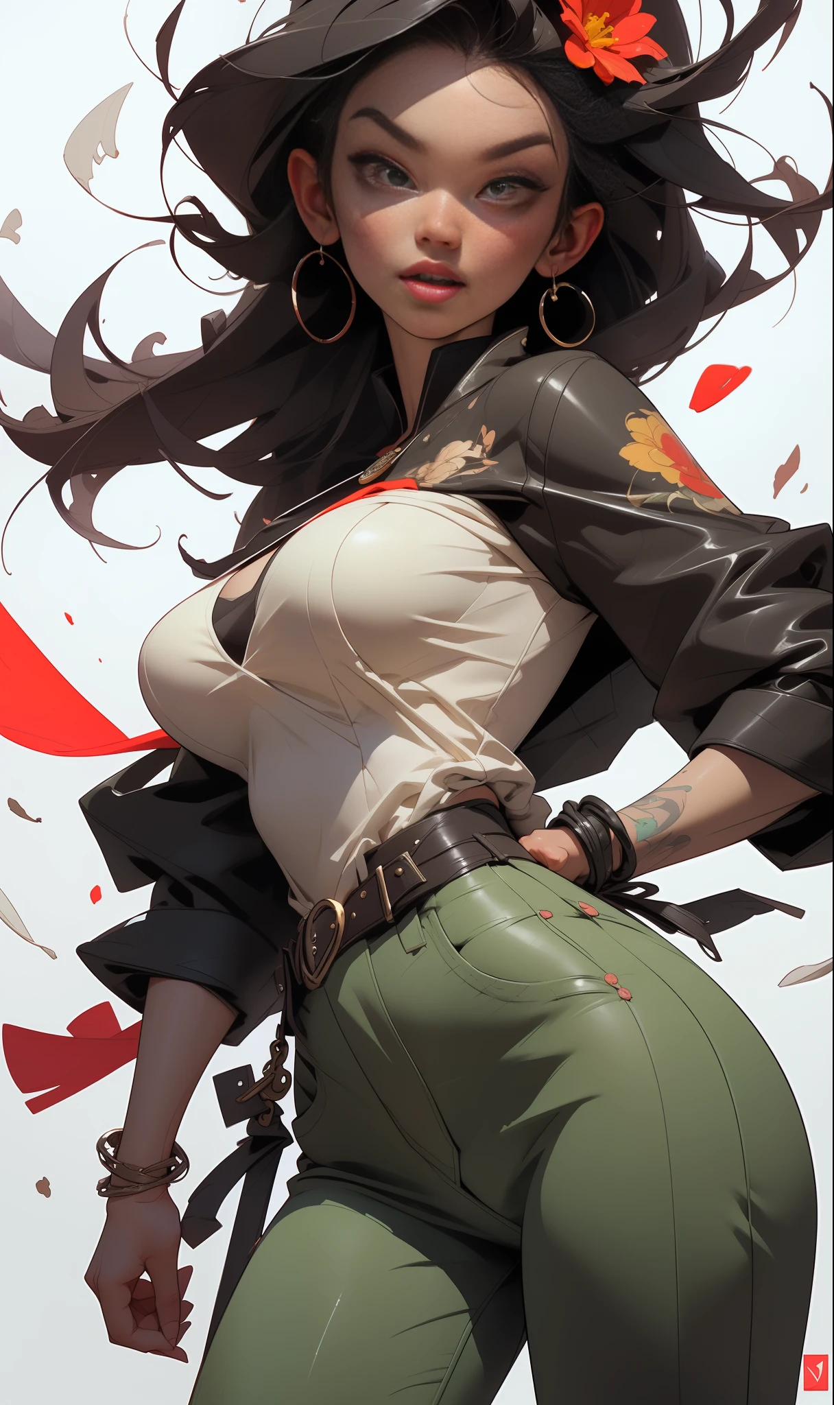 ::jason fabok and yoji shinkawa style ::2.0 comix illustration style,tatoon style , comic book style ,ashley alexiss argentina ,beautiful woman with long hair ultra detailed, (beautiful and clear background:1.2),, fantastic paintings ,graffit style, flowers, olhos altamente detalhados , a white t-shirt or dressed in a jaeans jacket and white blouse underneath, with both fists in a fighting position, and bracelets, fighting against an enemy, with long black hair , stained glass colored, tongue slightly out, vibrant, alphonse mucha style, fantastic paintings by joe madureira ,high quality, --ar 3:4 --upbeta --test --creative --upbeta --upbeta --upbeta --upbeta, masterpiece, best quality, high quality, extremely detailed cg unity 8k wallpaper, scenery, award winning photography, hdr, extremely detailed, trending on artstation, trending on cgsociety, intricate, high detail, art by midjourney style::STYLE JKenneth Rocafort ::2.9 (masterpiece:1.2, best quality), (finely detailed beautiful eyes: 1.2), ((1girl Kelly Brook very beautiful woman big breast )), ((solo)), (red eyes:1.4), (finely detailed eyes and detailed face:1.3),), (with jeans and a white t-shirt or dress:1.3), (beautiful and clear background:1.2), (extremely detailed CG, ultra-detailed, best shadow:1.1), ((depth of field)), ((watercolor)), large breasts, bare shoulders, flowers and petals, beautiful concept illustration , (white background:0.5), (illustration :1.1), (extremely fine and beautiful:1.1), (perfect details:1.1)