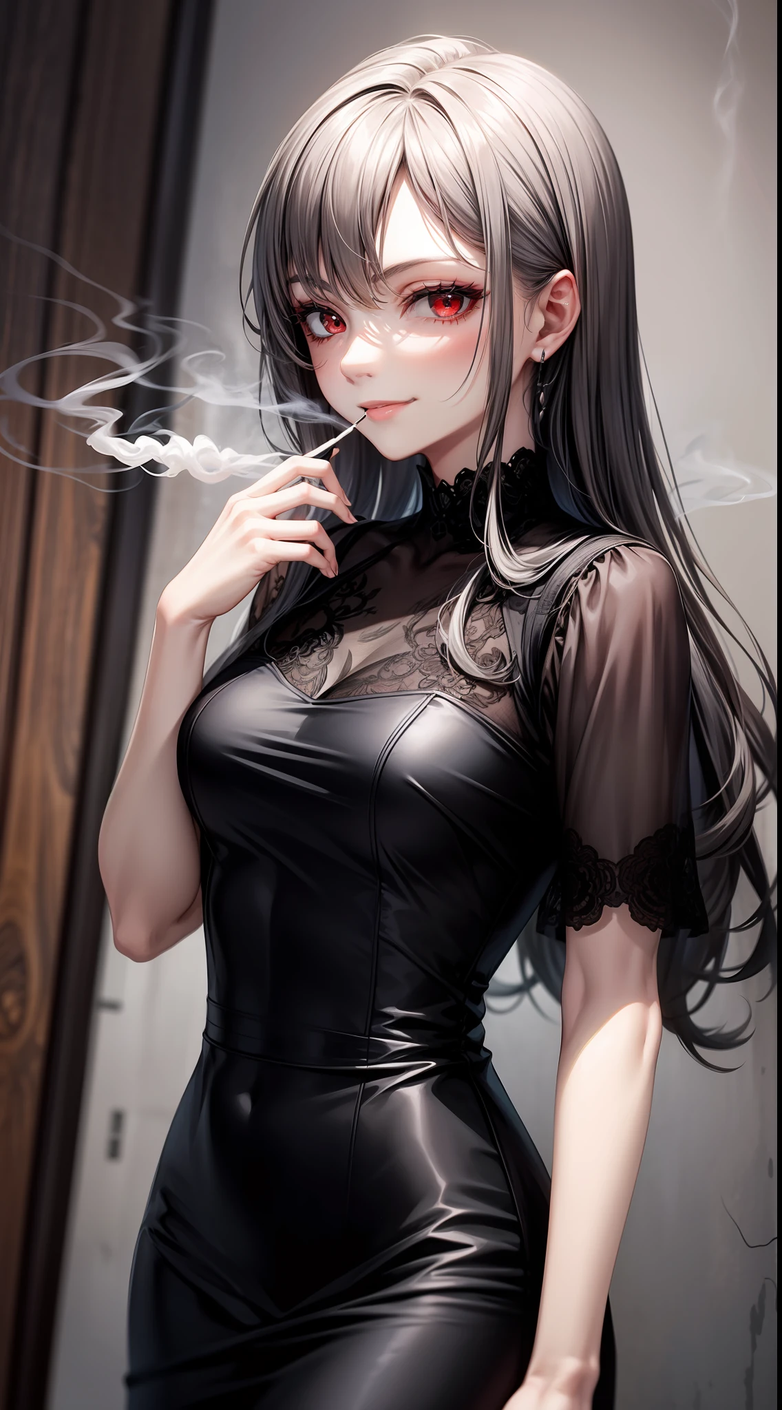 Adult gray woman, long black hair, red eyes, gray skin, Rich black dress, smirk, Smoke, The Masterpiece, hig quality