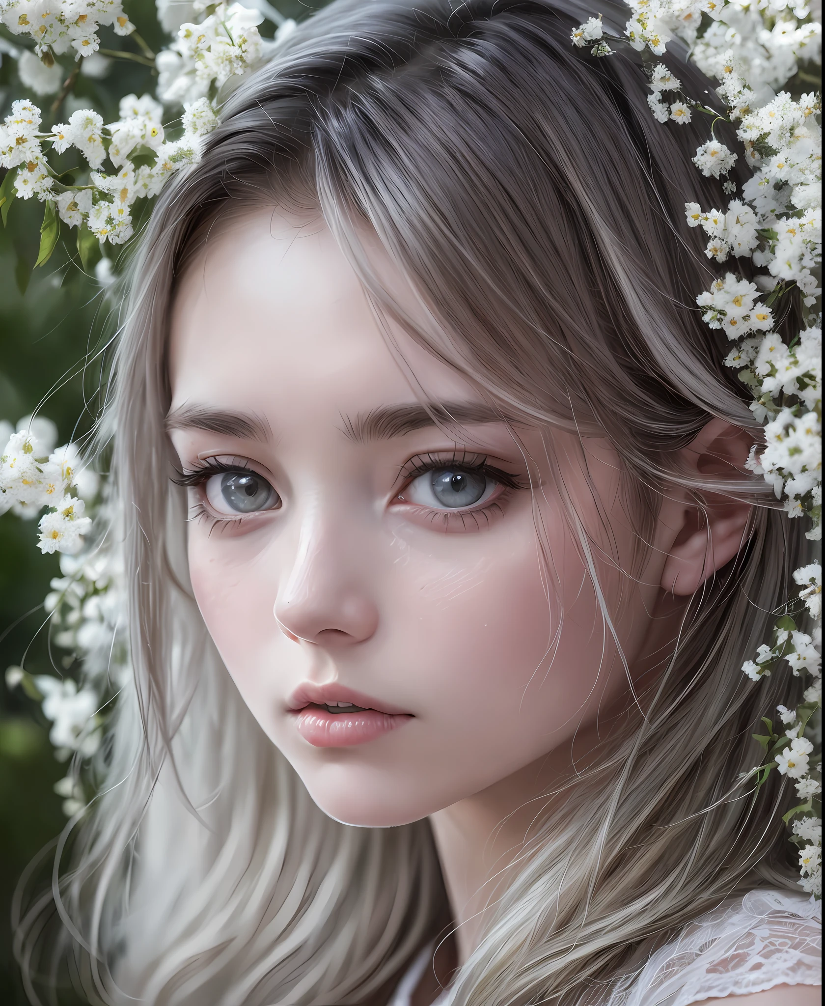 **girl in the woods haunted by ghosts, in the style of realistic fantasy artwork, ivory, dark white and dark silver, ai yazawa, anne dewailly, delicate portraits, jeff danziger , natural professional photography, Sony fx6 digital camera, atmospheric, highly detailed, UHD, both eyes the same, masterpiece, high resolution, ultra quality, 16K, skin pores, matte, model pose ,Patrick Lichfield, rule of thirds