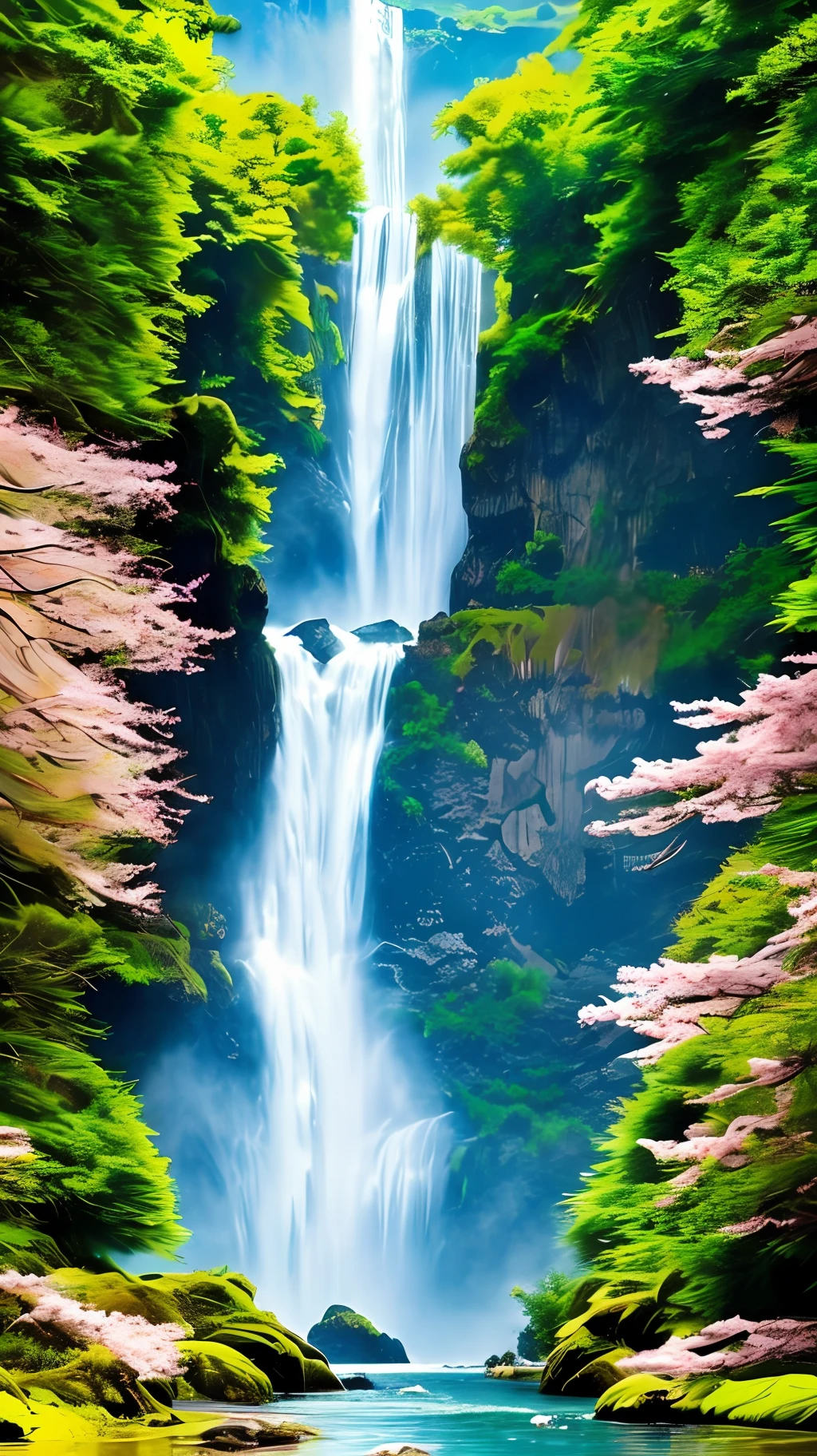((masterspiece))、(((beste Quality))、backgrounds、The god々Right、Mysterious world、Big waterfall、Dynamic、blonde pubic hair、blooms、The god、ten mens --auto