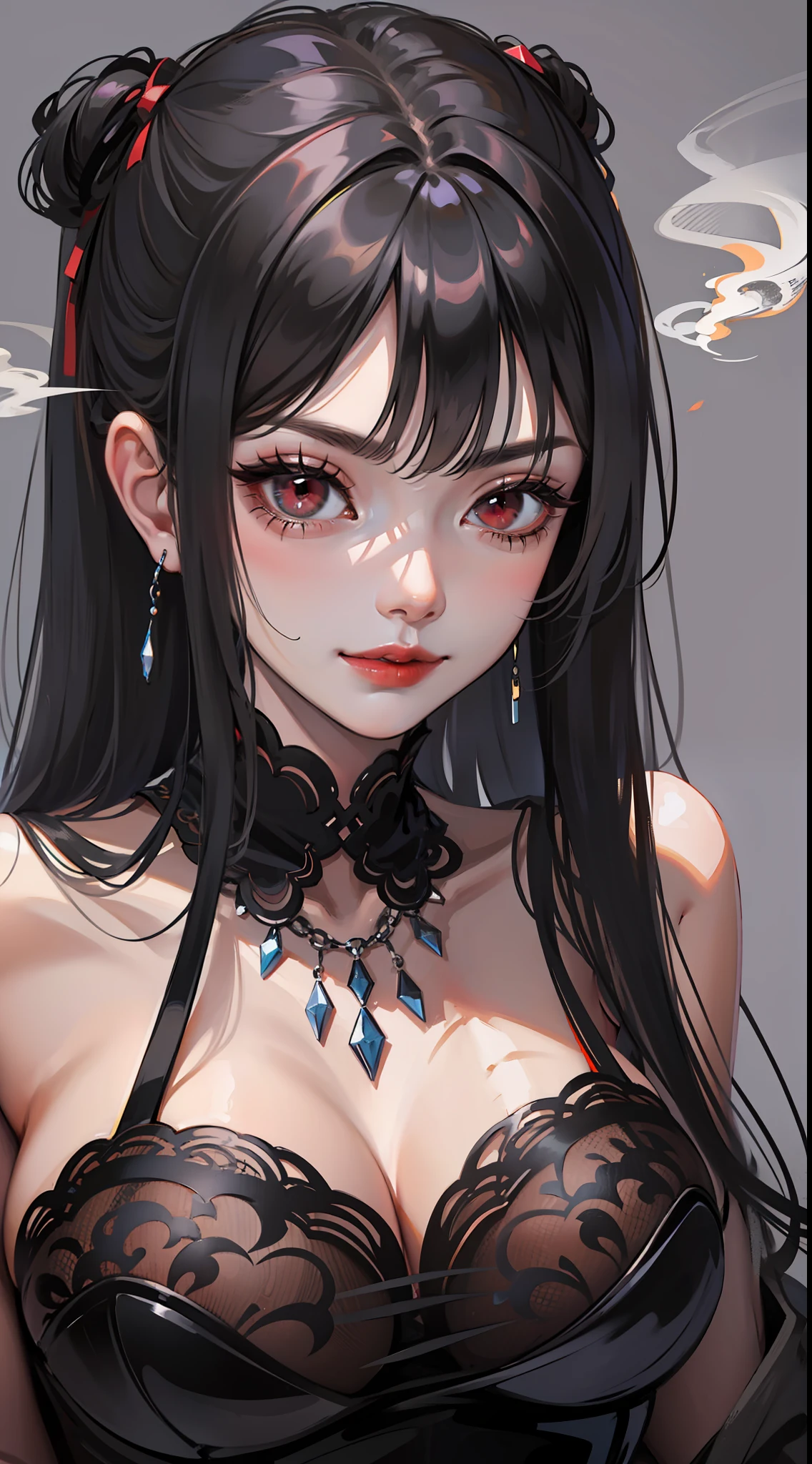 Adult gray woman, long black hair, red eyes, gray skin, Rich black dress, smirk, Smoke, The Masterpiece, hig quality