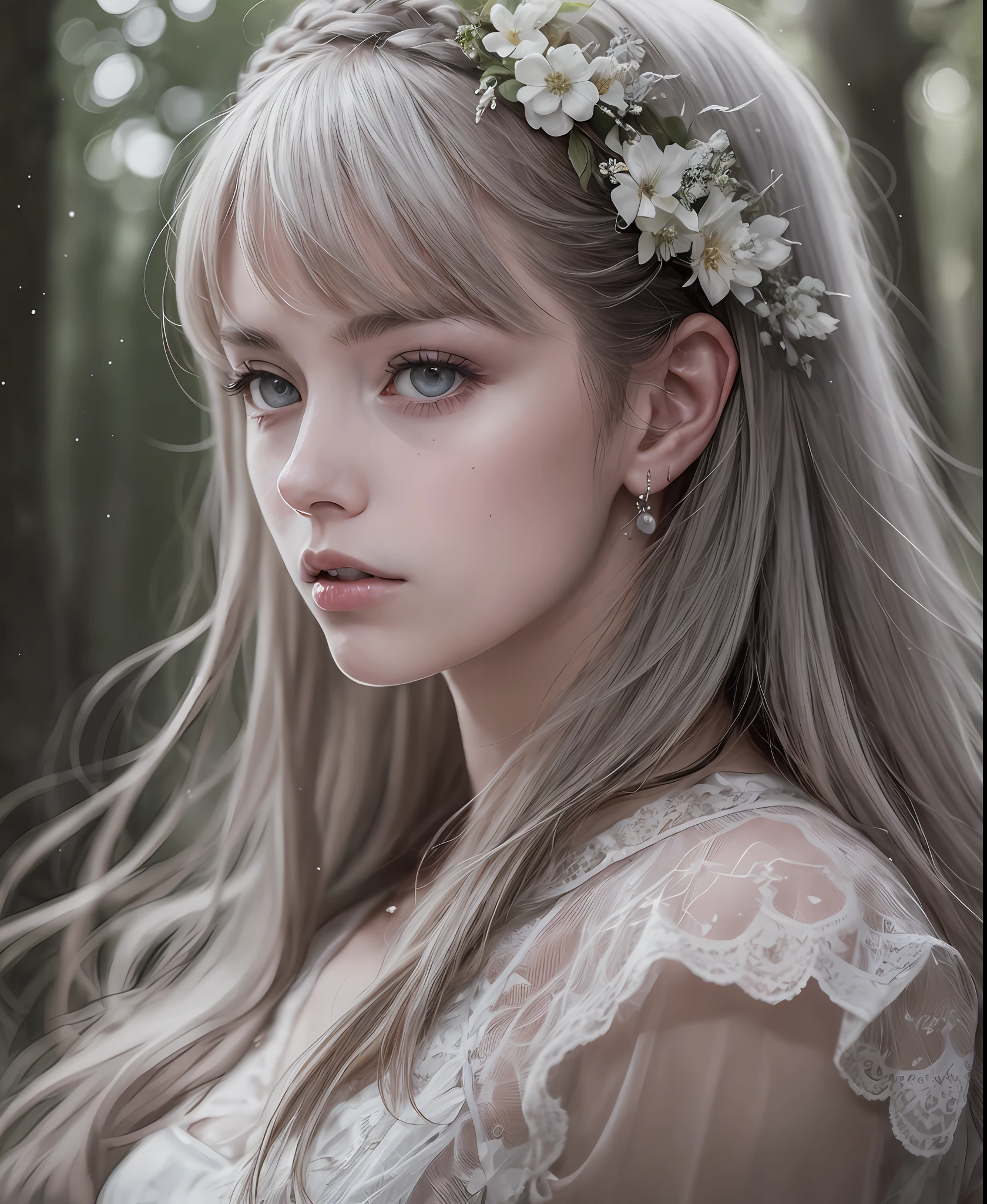 **girl in the woods haunted by ghosts, in the style of realistic fantasy artwork, ivory, dark white and dark silver, ai yazawa, anne dewailly, delicate portraits, jeff danziger , natural professional photography, Sony fx6 digital camera, atmospheric, highly detailed, UHD, both eyes the same, masterpiece, high resolution, ultra quality, 16K, skin pores, matte, model pose ,Patrick Lichfield, rule of thirds