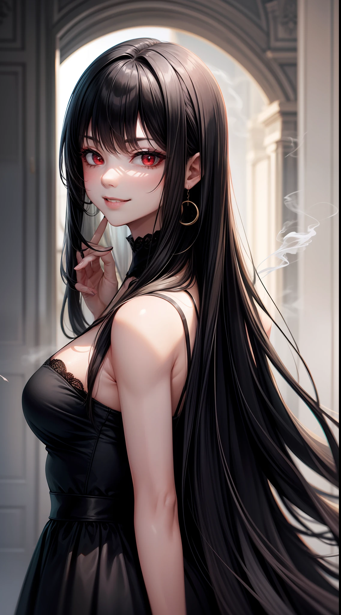 Adult gray woman, long black hair, red eyes, gray skin, Rich black dress, smirk, Smoke, The Masterpiece, hig quality