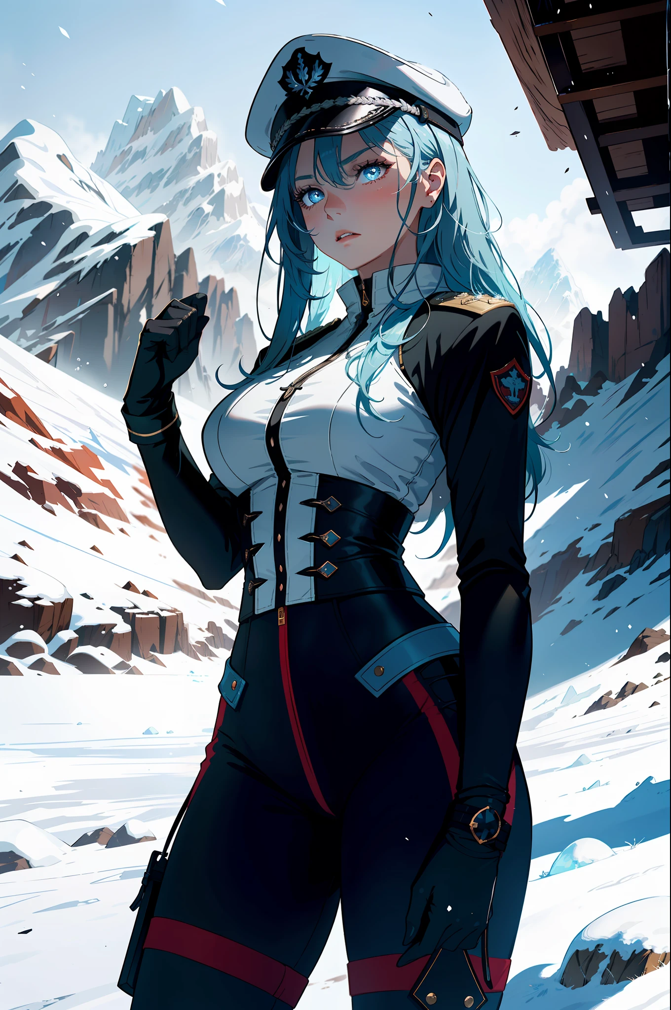 1girls, female mage,Delicate and beautiful face, get blush, Blue pupil,blue hairs,long hair flowing,Angry, Parting lips, Busty chest,Convex buttocks,White military uniform, White military cap,White lace-up boots,perfectly proportioned, Detailed clothing details, icy mountains,Ice Lake,Surrounded by magic arrays,Ice and snow effects,Cinematic lighting, filmgrain, Fujicolor, Contrast of light and shade, 8K, Masterpiece, Textured skin, Super detail, hight detail, High quality, high - resolution,