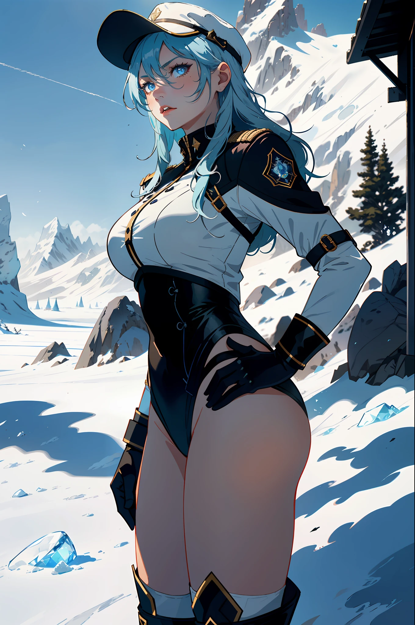 1girls, female mage,Delicate and beautiful face, get blush, Blue pupil,blue hairs,long hair flowing,Angry, Parting lips, Busty chest,Convex buttocks,White military uniform, White military cap,White lace-up boots,perfectly proportioned, Detailed clothing details, icy mountains,Ice Lake,Surrounded by magic arrays,Ice and snow effects,Cinematic lighting, filmgrain, Fujicolor, Contrast of light and shade, 8K, Masterpiece, Textured skin, Super detail, hight detail, High quality, high - resolution,