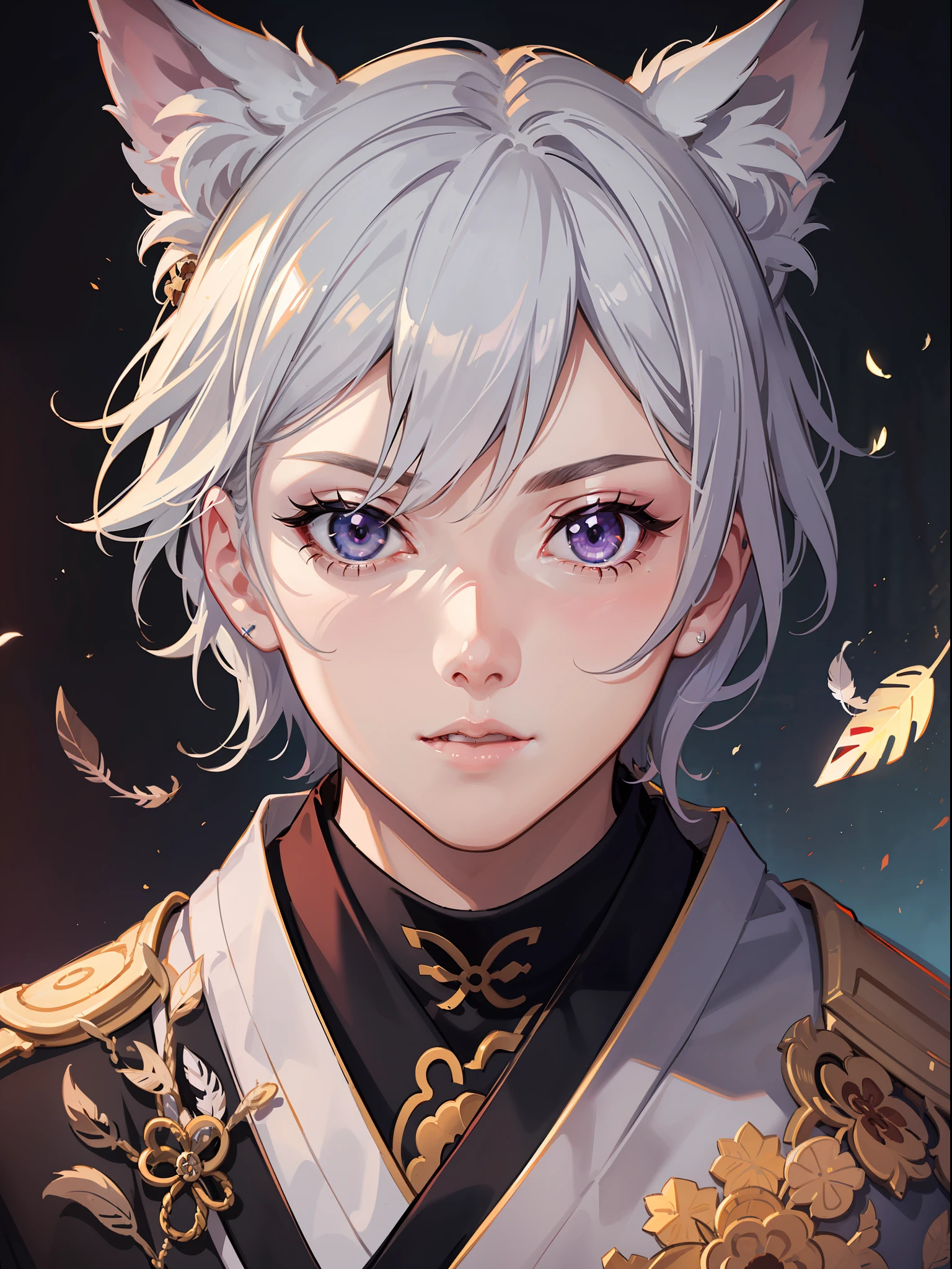 Anime style,ultra-realistic photography, perfectly centered middle top shot, male boy (((Tomoe))) looking at the viewer, fashionable pose, extremely detailed eyes, detailed symmetrical realistic face, white fox ears, ((feathers in hair)), extremely detailed natural texture, pale white , ((pale purple eyes)), tousled hair, masterpiece, ((amazing kimono)) , nikon d850 film, kodak portra 400 f1.6 camera lens, depth of field, highly detailed, amazing, fine detail, rich colors, hyper realistic realistic texture , dramatic lighting, unrealengine, artstation trends, cinestill 800 tungsten, photorealistic, RAW photo, TanvirTamim, high quality, high res, sharp focus, extremely detailed, cinematic lighting, 8k uhd, high res, cinematic, neoprene, behance contest winner, shown on unsplash, cgsociety, unreal engine 5, super sharp focus