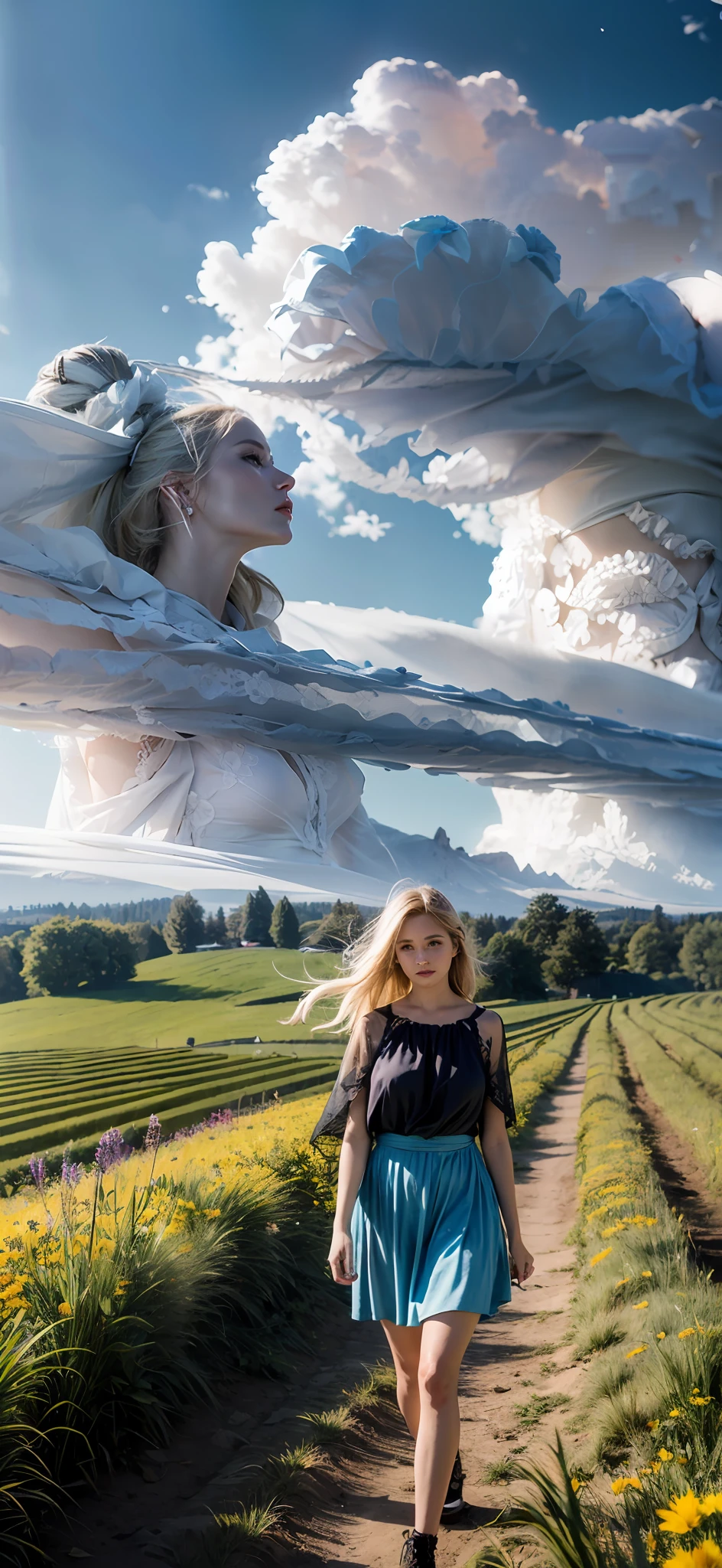 (realistic:1.3), finely detailed, quality, rembrandt lighting, (masterpiece:1.2), (photorealistic:1.2), (best quality), (detailed skin:1.3), (intricate details), dramatic, ray tracing, 1girl, american white girl, blonde hair, 21 years old, medium breasts, (Meadow, Sun, Clouds, Field, Farming, Starlight, Walking trail)
