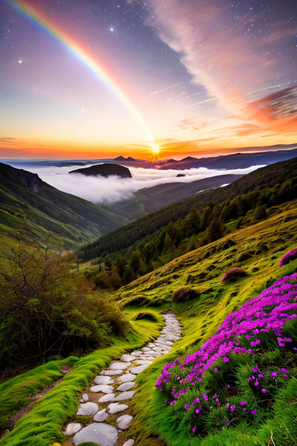 hotsprings, cliffs, waves, opalescent, (Photoluminescence), fantasy, clear, Cinematic RAW photo, hyper real photo, ultrarealistic, dslr, soft lighting, high quality, reflections, photo, (sparkling) splashing rainbows, glistening, (iridescent), (glowing alien flowers), glimmering, foam, foamy, wet, dripping, trinkling, crystals growing, (secret treasure in it), misty, mystical, enchanting, glittering, sunset, (masterpiece) (best quality) (detailed) (8k) (HDR) (cinematic lighting) (sharp focus) (intricate), many lights on the rocks and in the trees, magical colors and atmosphere, enchanting landscape, epic dreamlike fantasy landscape, giant fluorescent fungi, magical colors and atmosphere, impressive fantasy landscape, bioluminescent, epic and stunning, magical environment, celestial, fairies, moons, shooting stars