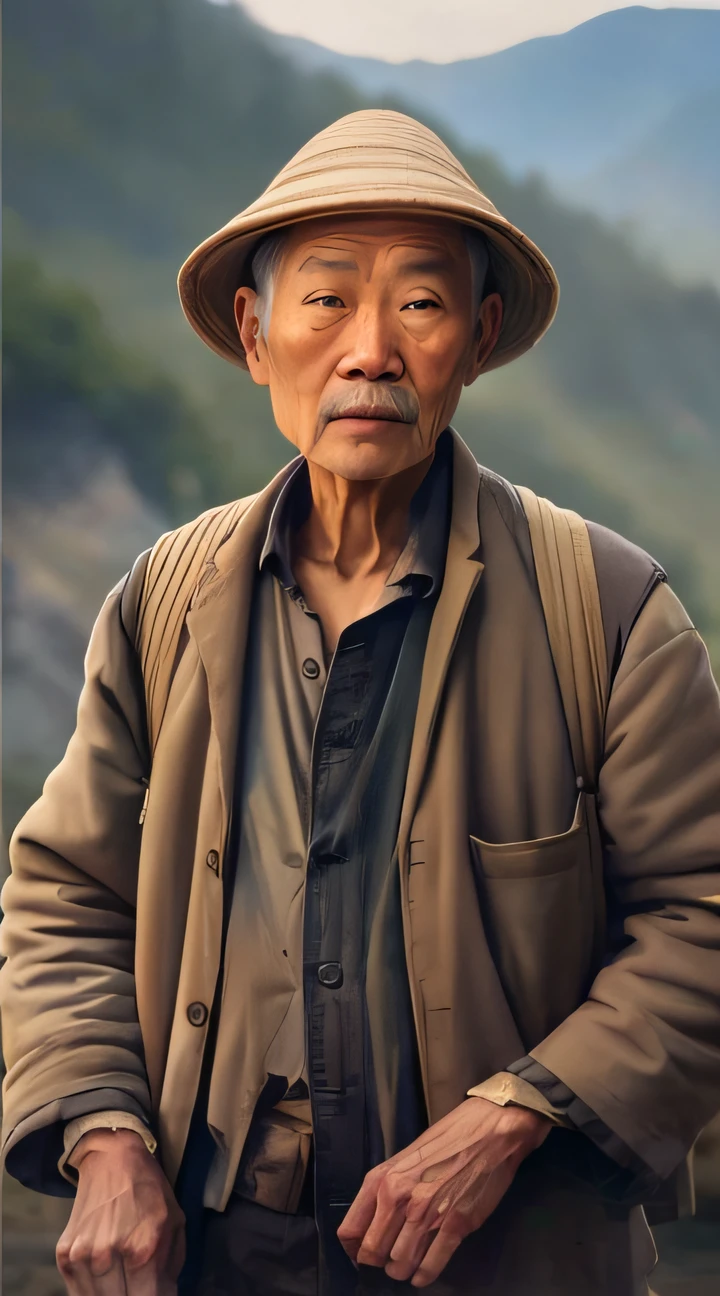 arafed man with a hat and a cane standing in front of a mountain, An old man, asiatic, a old man, chinese artist, asian man, Inspired by Hu Zaobin, photo of a man, inspired by Nam Gye-u, japanesse farmer, a photo of a man, Wise old man, asian male