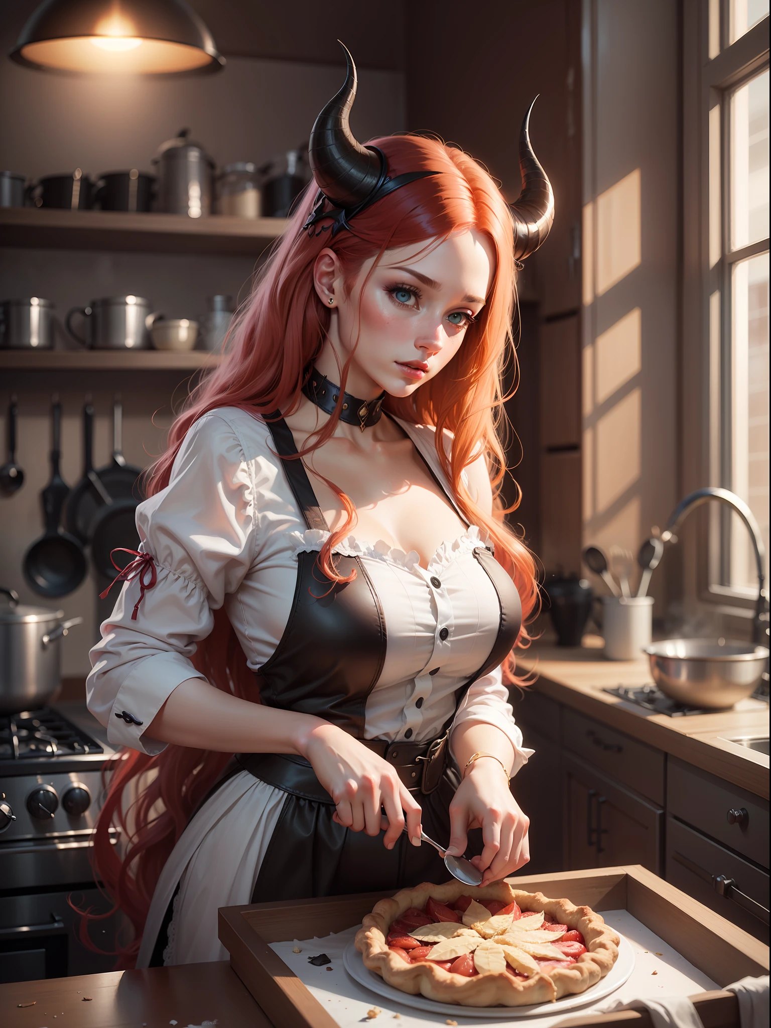 digital drawing, photorealism, surrealism, close-up, cheerful demoness, baking pies in the kitchen, in home clothes, perfect cute face, long red hair, horns, dynamic lighting, outstanding work, masterpiece, gothic fantasy, high quality, clear lines, concept-artistic portraits in 4k format, dynamic lighting, high detail, artfully executed drawings, Ann Stokes, Victoria Francis, Charlie Bowater