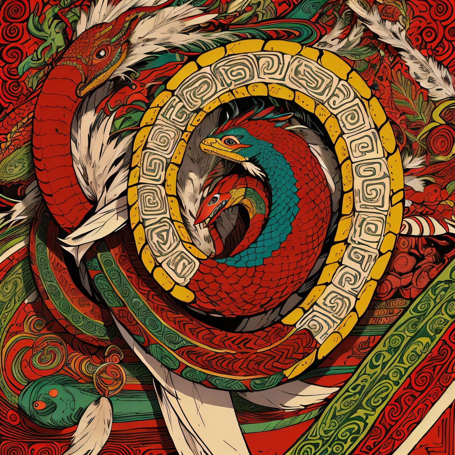 There is a colorful painting of snakes，There are feathers on it, digital painting of quetzalcoatl, quetzalcoatl, snake art, highly intricate and colorful, portrait of quetzalcoatl, in the art style of quetzecoatl, victo ngai and tristan eaton, colorful intricate masterpiece, ultra detailed color art, great mystical winged serpent，3D，unrealengine，