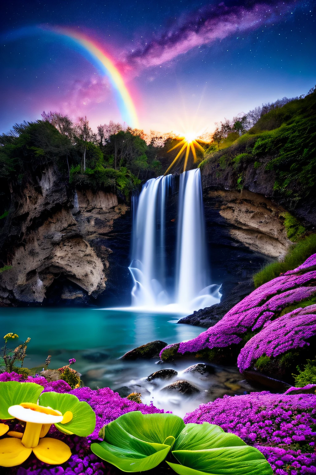 hotsprings, cliffs, waves, opalescent, (Photoluminescence), fantasy, clear, Cinematic RAW photo, hyper real photo, ultrarealistic, dslr, soft lighting, high quality, reflections, photo, (sparkling) splashing rainbows, glistening, (iridescent), glowing exotic flowers, glimmering, foam, foamy, wet, dripping, trinkling, crystals growing, (secret treasure in it), misty, mystical, enchanting, glittering, sunset, (masterpiece) (best quality) (detailed) (8k) (HDR) (cinematic lighting) (sharp focus) (intricate), many lights on the rocks and in the trees, magical colors and atmosphere, enchanting landscape, glowing mushrooms, epic dreamlike fantasy landscape, giant fluorescent fungi, magical colors and atmosphere, impressive fantasy landscape, bioluminescent mushrooms, epic and stunning, magical environment, alien waterfall, celestial, fairies, moons, shooting stars, beautiful koi fish