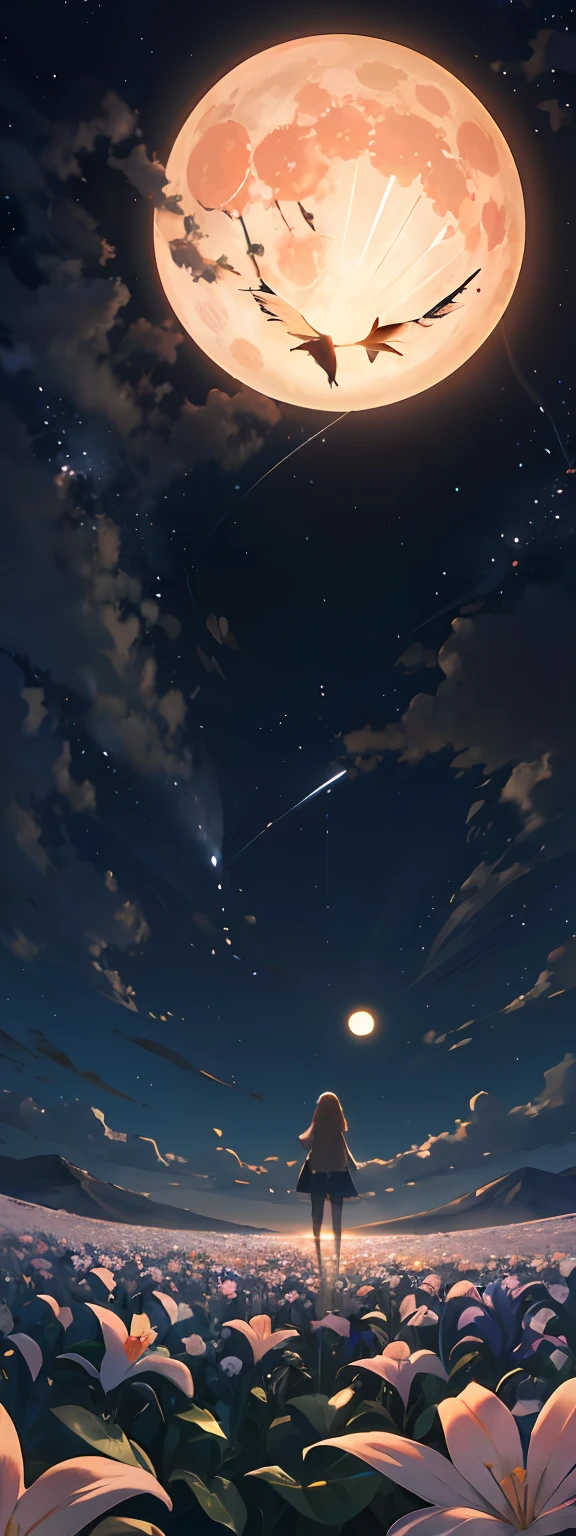 Expansive landscape photograph,(pov from below,Above is the sky,Below are open fields),A girl standing on a flower field looking up,(fullmoon:1.2),(Meteor:0.9),(Starcloud:1.3),distant mountain, Tree BREAK making art,(Warm light source:1.2),(fireflys:1.2),