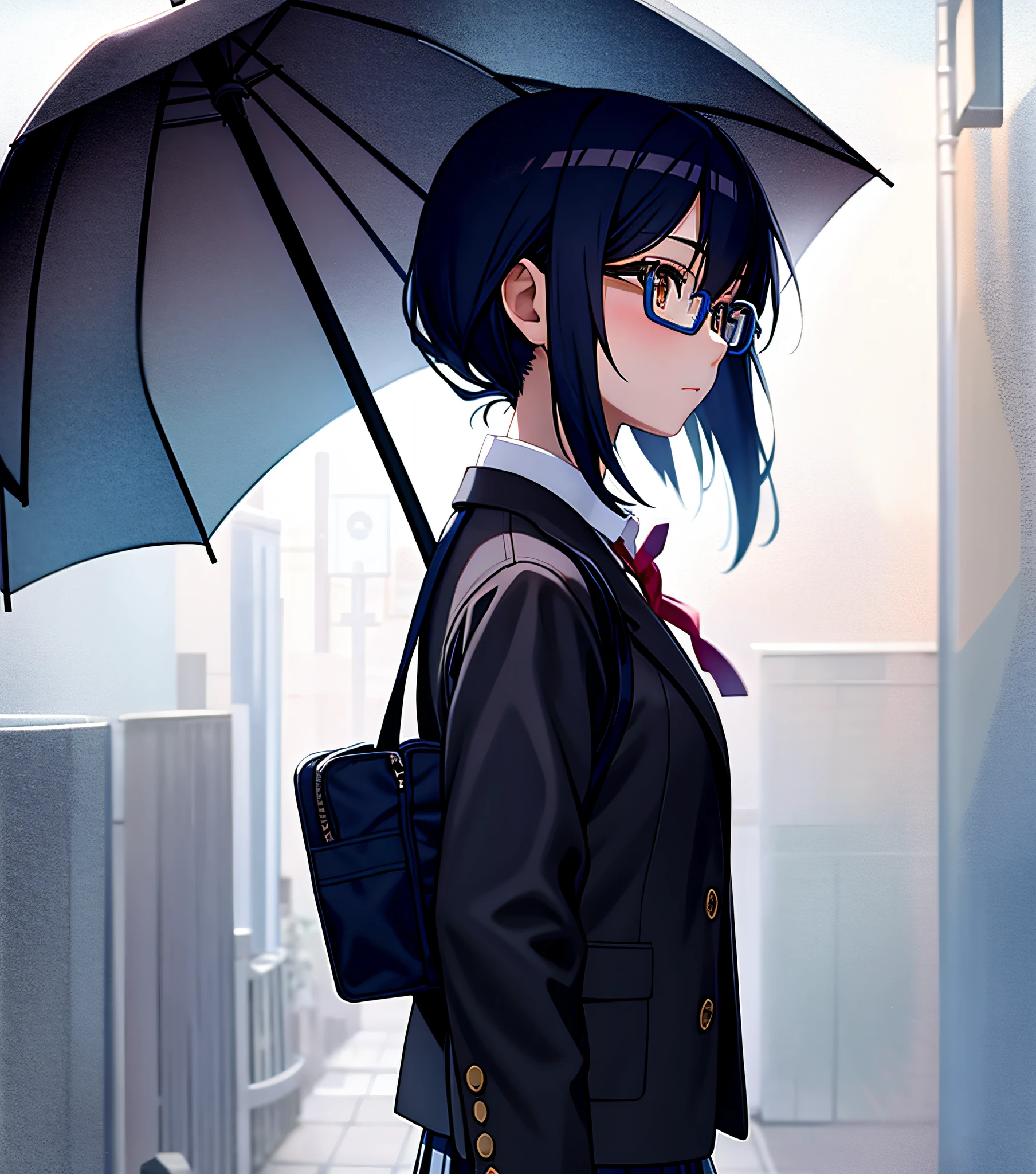 1girl, 2solo focus, Beautiful anime portrait of a gloomy girl with short blue hair and brown eyes walking home in the rain carrying an umbrella in her hand, glasses, school uniform, pleated skirt, jacket, 19 years old, Japanese residential street, overcast, ultra detailed, masterpiece, 8k, volumetric lighting, side view