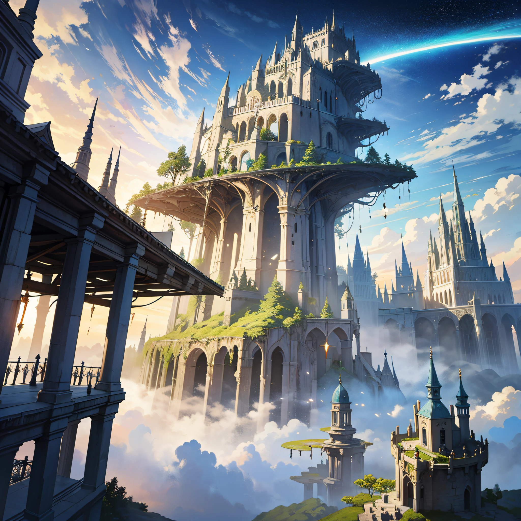 the universe,Western magic,magic world,magic,babel, Fantasy animals,massive trees,style of anime,High towers,Sky Island,Magic particles