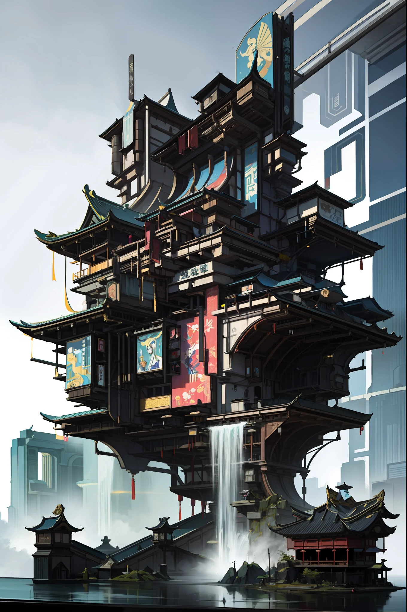 Game Academy，Ethno-style architecture，Ancient Chinese，Structurally sound、high-definition details，Science fiction，neon lit，The cyberpunk，Particle effects，perfect works，White background，（杰作，premier quality，best qulaity，officlal art，Beauty and aesthetics：1.2），（8K，best qulaity，杰作：1.2）