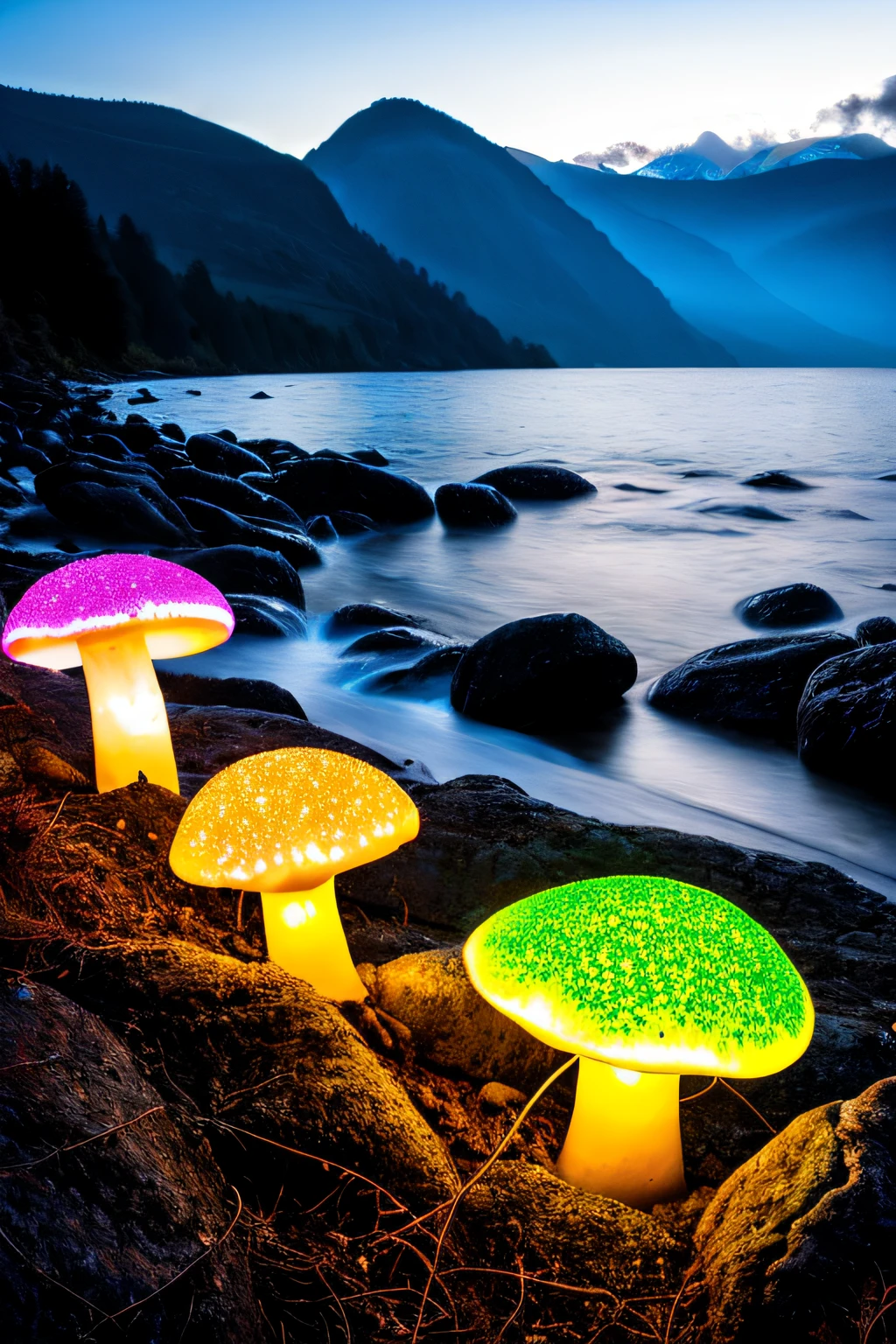 hotsprings, cliffs, waves, opalescent, (Photoluminescence), fantasy, clear, Cinematic RAW photo, hyper real photo, ultrarealistic, dslr, soft lighting, high quality, reflections, photo, (sparkling) splashing rainbows, glistening, (iridescent), glowing flowers, glimmering, foam, foamy, wet, dripping, crystals growing, (secret treasure in it), misty, mystical, enchanting, glittering, sunset, (masterpiece) (best quality) (detailed) (8k) (HDR) (cinematic lighting) (sharp focus) (intricate), many lights on the rocks near the water, magical colors and atmosphere, enchanting landscape, glowing mushrooms, epic dreamlike fantasy landscape, giant fluorescent fungi, glowing blue mushrooms in mire, magical colors and atmosphere, impressive fantasy landscape, bioluminescent mushrooms, epic and stunning, magical environment, giant mushrooms, alien waterfall, glowing blue mushrooms, celestial, fairies, moons, shooting stars, koi