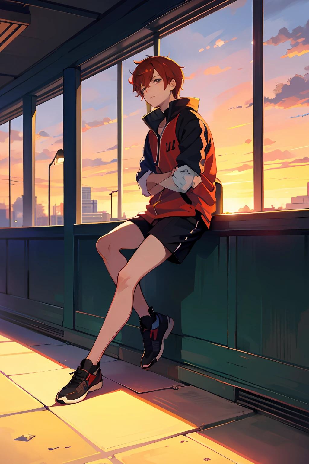 Anime boy sitting on windowsill with his head down, anime full body illustration, Casual pose, Single character full body, thinking pose, sitting on the ground, red haired, full body illustration, wearing japanese techwear, anime style character, orange - haired anime boy, Handsome anime pose, Male anime style, too red, Anime boys, sittin, Full body!!Parking in the background,jiji,Handsome,Handsome ,Background sunset,school room --auto