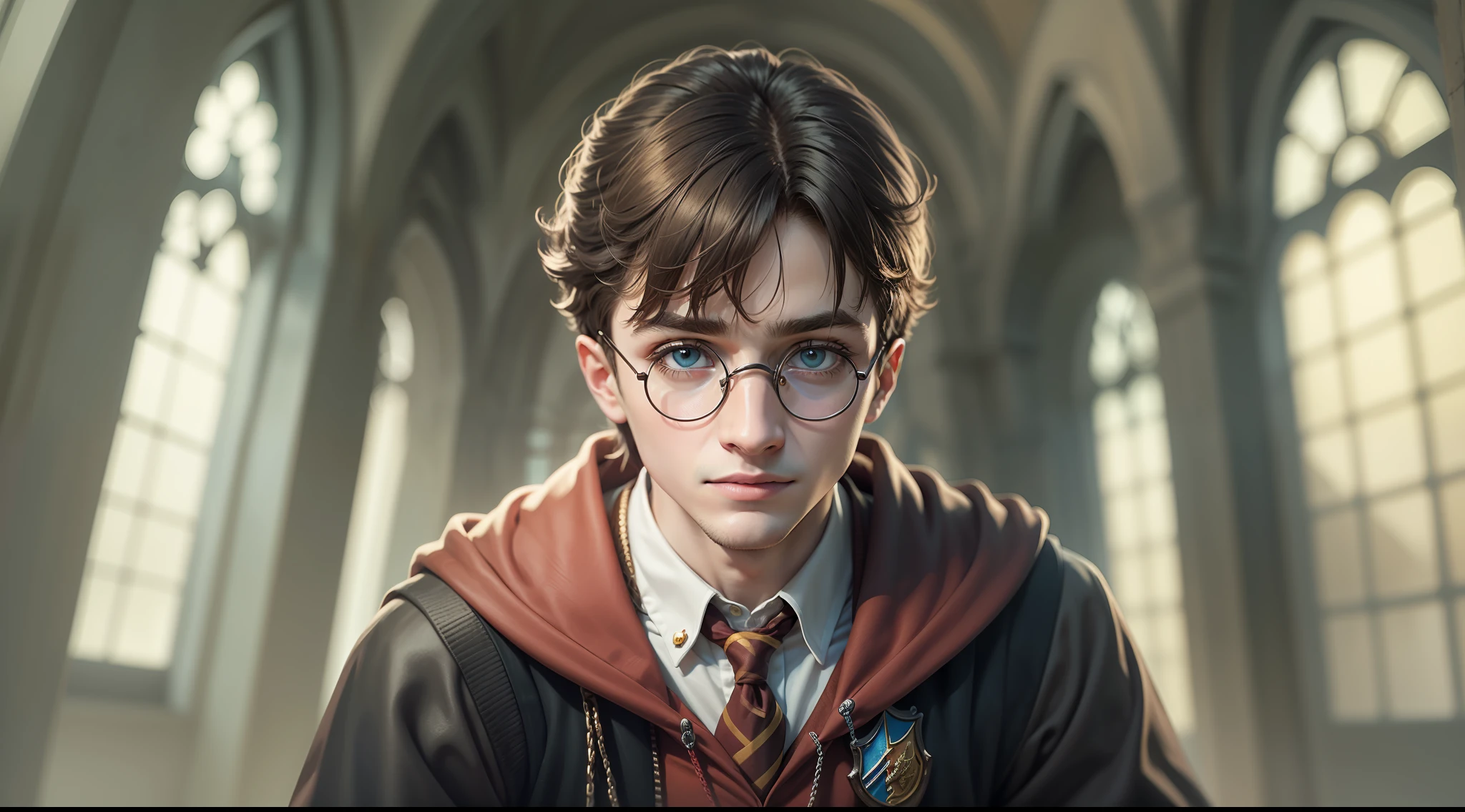 Harry Potter em seu uniforme de Hogwarts, com o rosto determinado e os olhos fixos em um objetivo