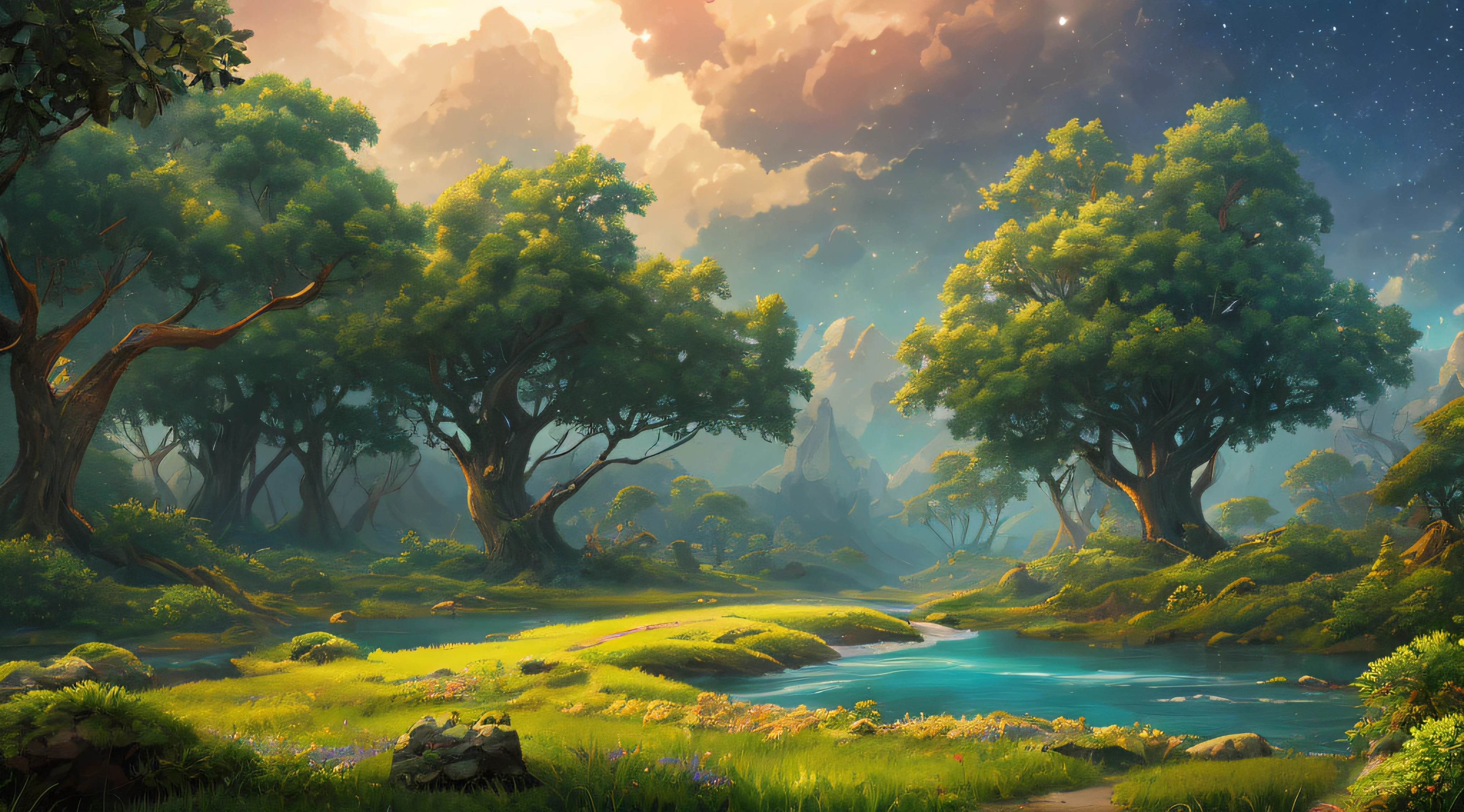 Illustration of a surreal, otherworldly, hyper sky scene including a giant crystal tree full body, highly detailed and magical lighting, intricate forest details, vegetation and surrounding river, solar punk, landscape, giant tree , beautiful green leaves, beautiful lighting and realistic proportions, as if this is a movie background, 8k, highest quality, masterpiece, clouds and stars in the sky. --auto