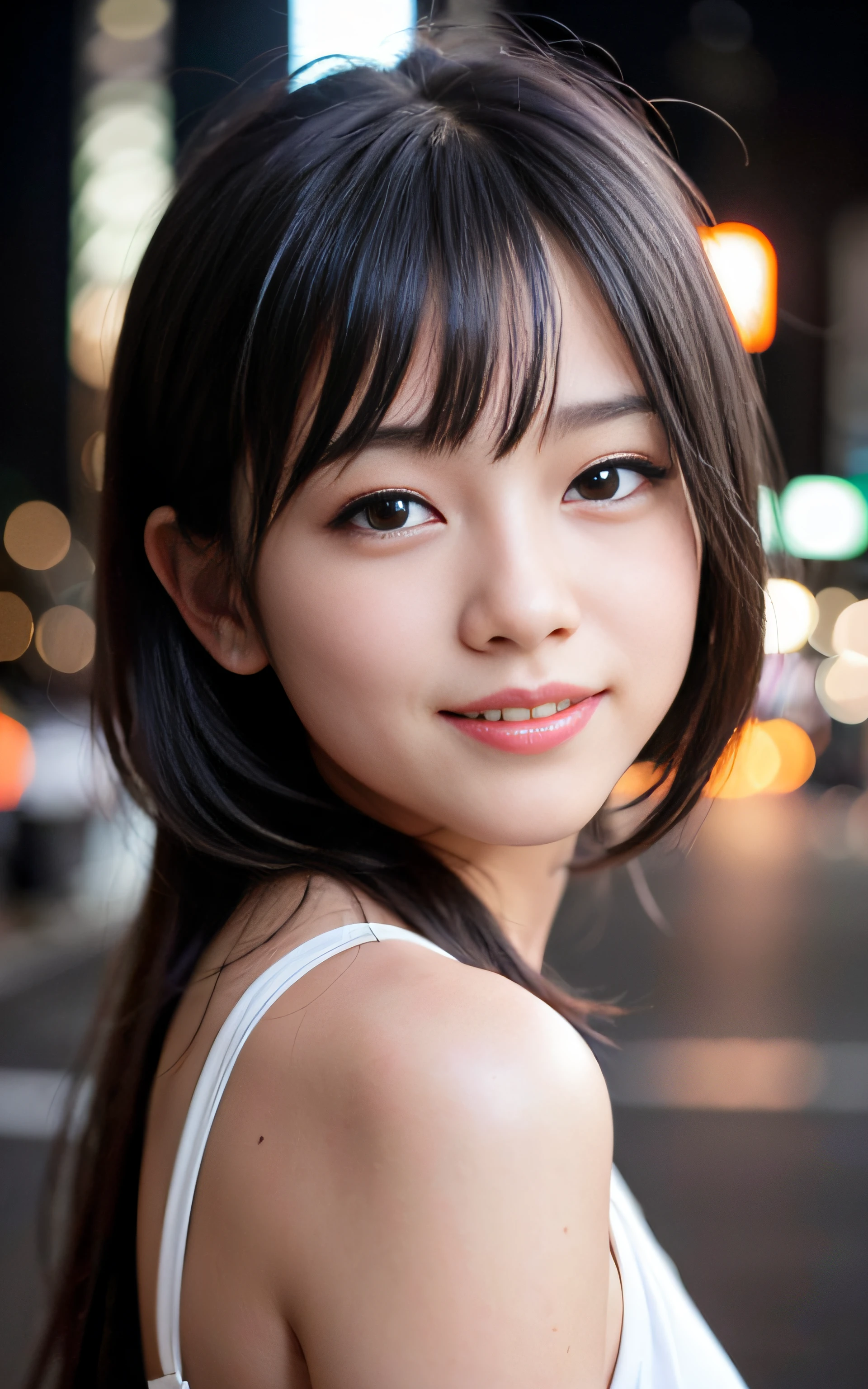 1girl, Tokyo street,night, cityscape,city lights,upper body,close-up,smile,, (8k, RAW photo, best quality, masterpiece:1.2),(realistic, photo-realistic:1.37),