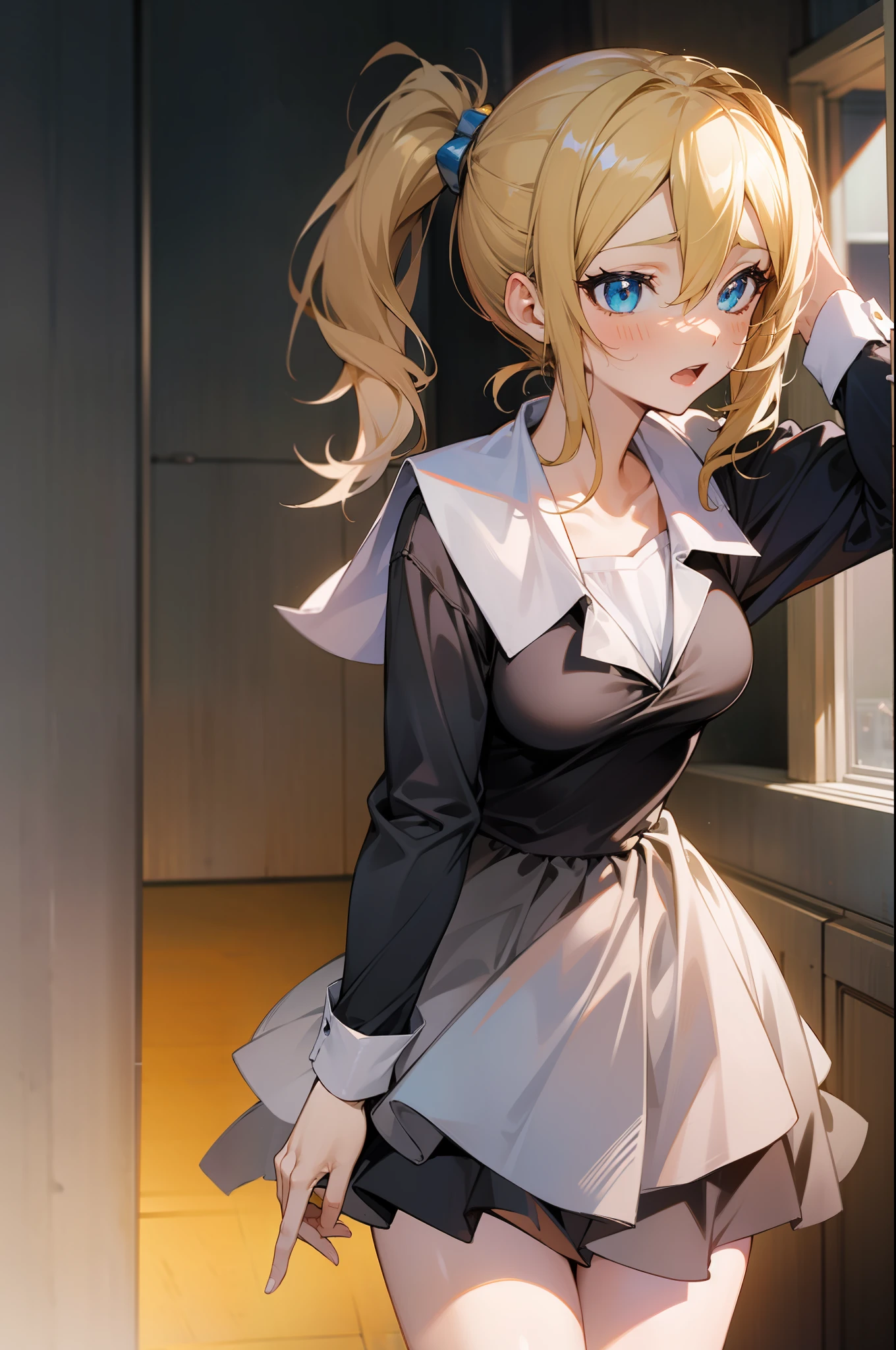 Masterpiece, Best quality, Masterpiece,Best quality,officlal art,Extremely detailed CG unity 8k wallpaper, dusk, strong rim light, intense shadow, Game_CG, girl,, hair between eyes, Blue eyes, Small breasts, jitome, :t, Blonde hair, Side ponytail, ((hayasaka ai)),student,school uniform,shy,leaning-forward,open mouth