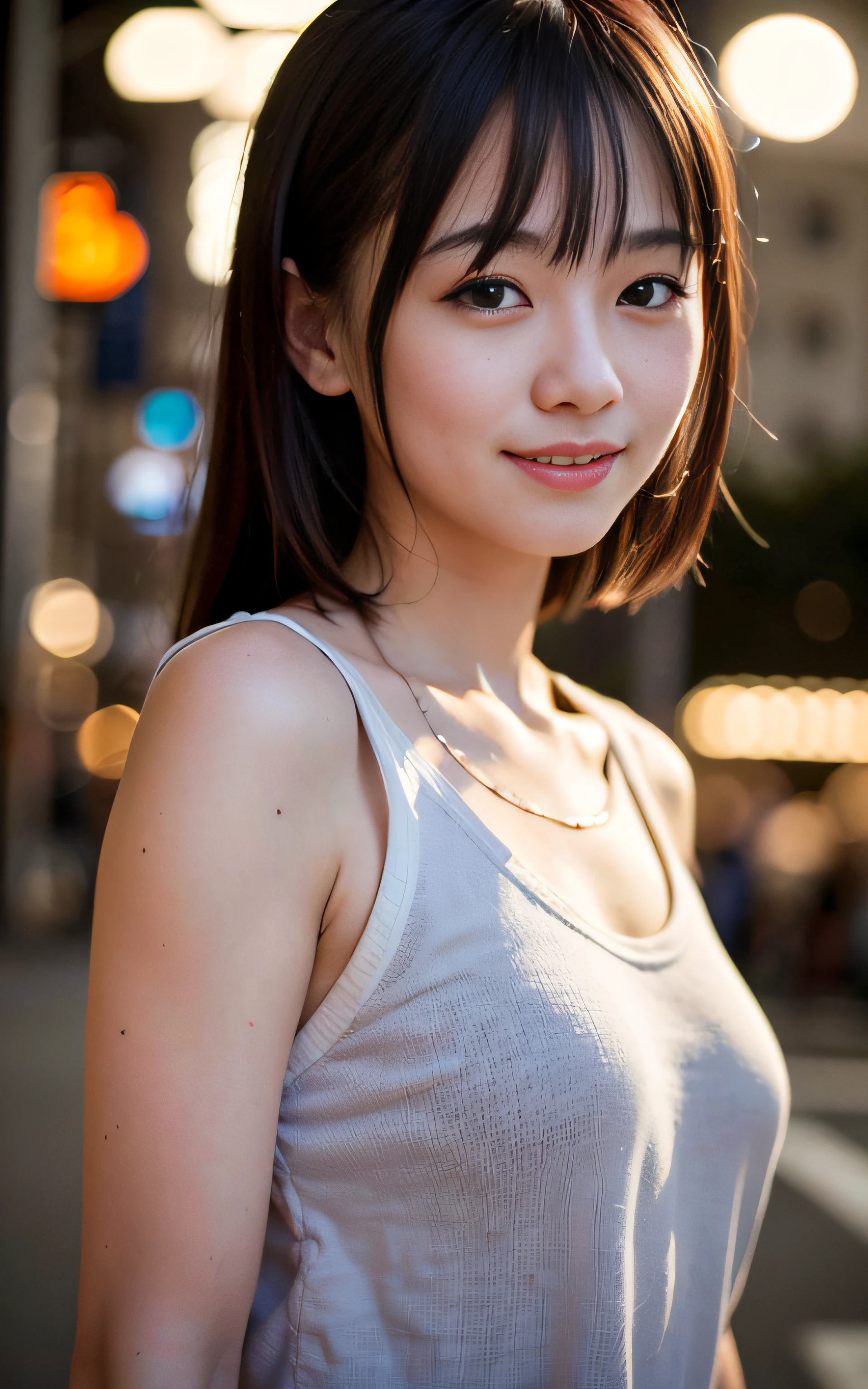 1girl, Tokyo street,night, cityscape,city lights,upper body,close-up,smile,, (8k, RAW photo, best quality, masterpiece:1.2),(realistic, photo-realistic:1.37),