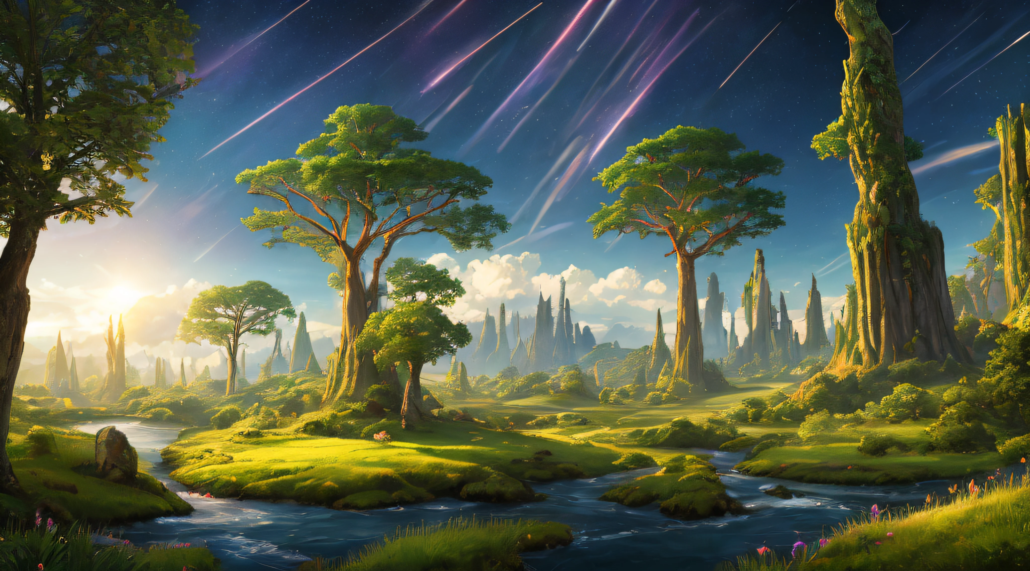 Illustration of a surreal, otherworldly, hyper sky scene including a giant crystal tree full body, highly detailed and magical lighting, intricate forest details, vegetation and surrounding river, solar punk, landscape, giant tree , beautiful green leaves, beautiful lighting and realistic proportions, as if this is a movie background, 8k, highest quality, masterpiece, clouds and stars in the sky. --auto