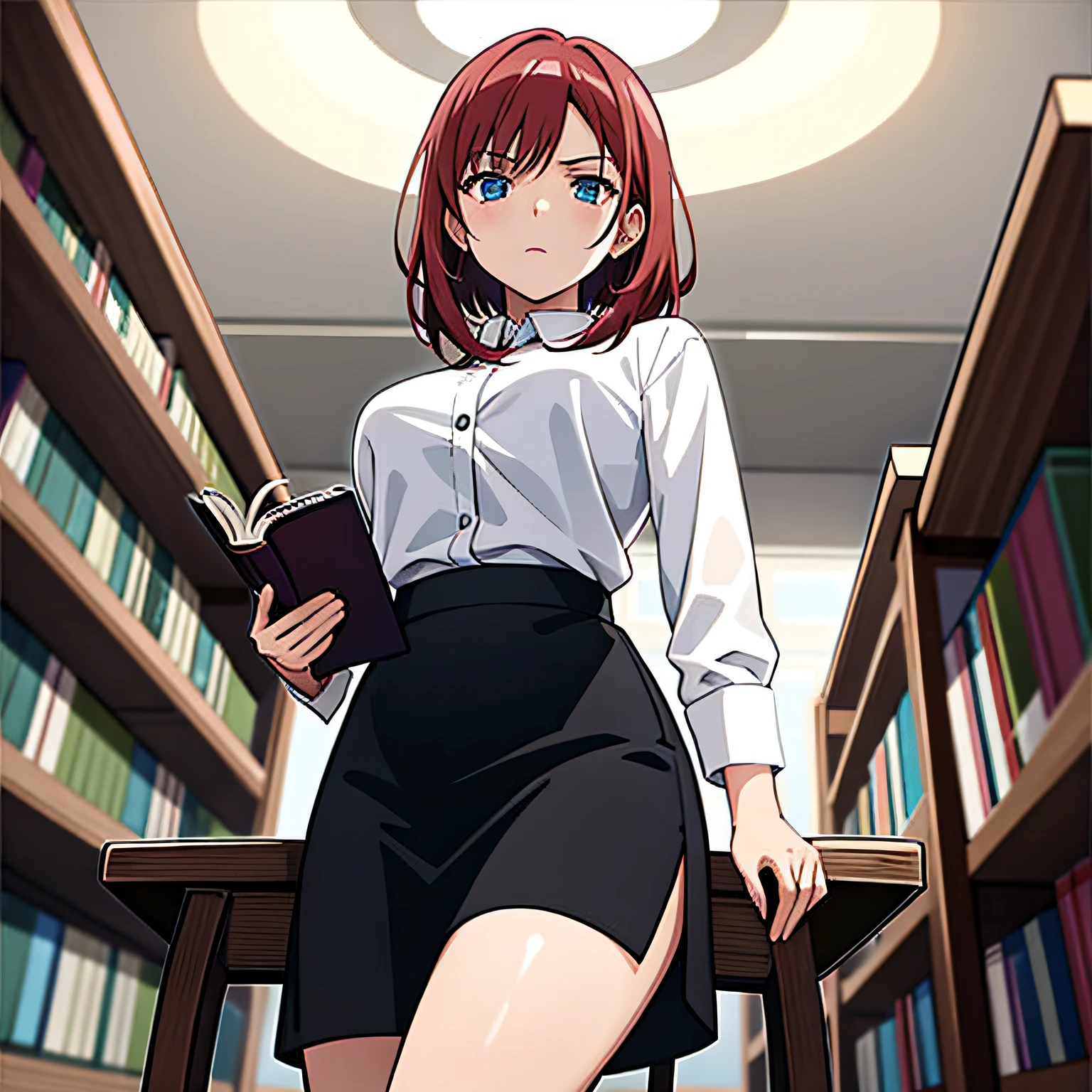 1girl 2solo focus, Beautiful anime illustration of a strict librarian woman with short red hair and blue eyes sitting in a chair looking up from a book in her hand, close cropped haircut, 26 years old, white blouse and black skirt, disapproving expression, library, interior, masterpiece, 8k, volumetric lighting, front view, view from below