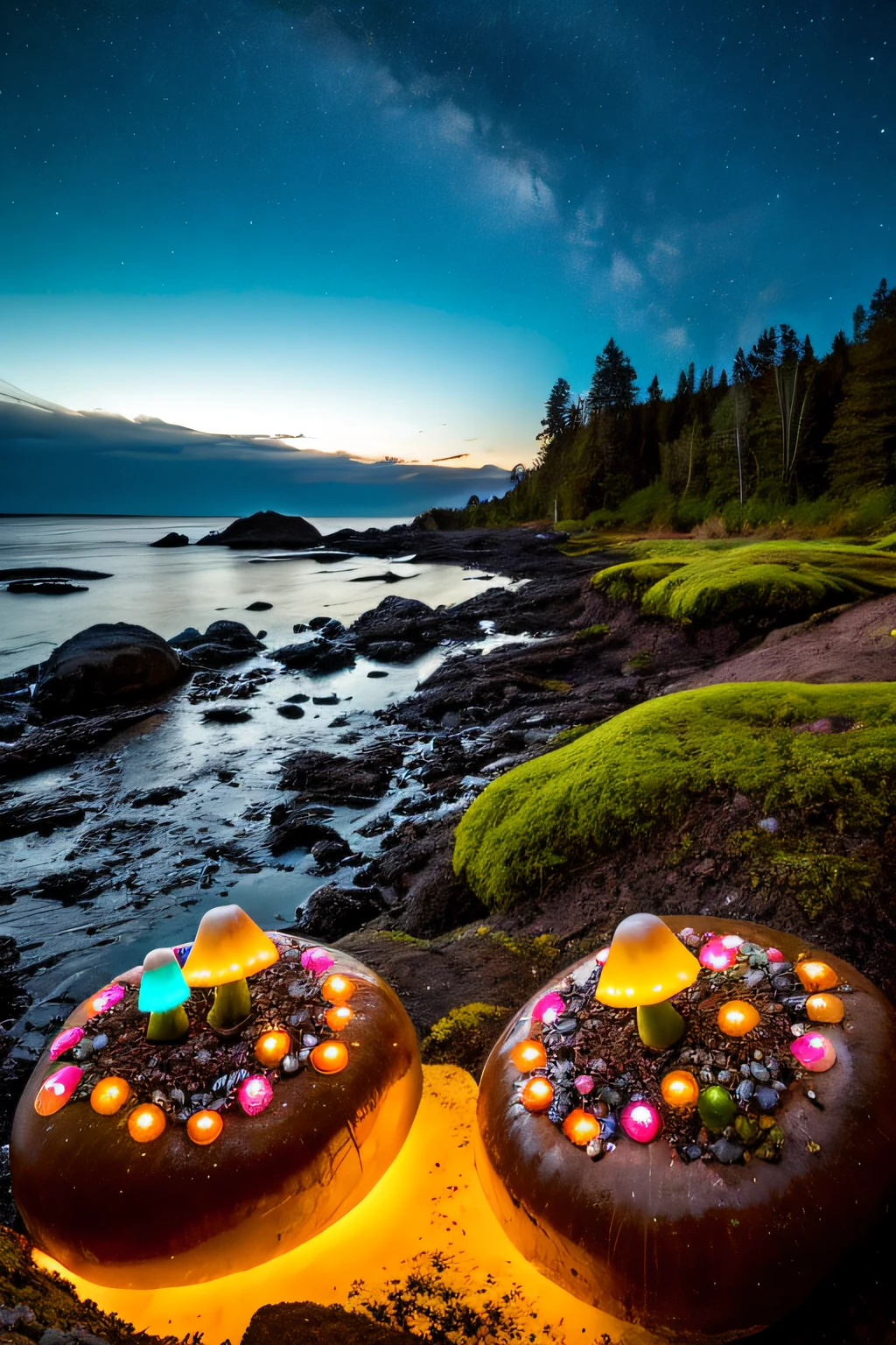 (hotsprings), cliffs, waves, opalescent, (Photoluminescence), fantasy, clear, Cinematic RAW photo, hyper real photo, ultrarealistic, dslr, soft lighting, high quality, reflections, photo, (sparkling) splashing rainbows, glistening, (iridescent), glowing flowers, glimmering, foam, foamy, wet, dripping, (crystals growing), (secret treasure in it), misty, mystical, enchanting, glittering, sunset, (masterpiece) (best quality) (detailed) (8k) (HDR) (cinematic lighting) (sharp focus) (intricate), many lights on the rocks near the water, magical colors and atmosphere, enchanting landscape, glowing mushrooms, epic dreamlike fantasy landscape, giant fluorescent fungi, glowing blue mushrooms in mire, magical colors and atmosphere, impressive fantasy landscape, bioluminescent mushrooms, epic and stunning, magical environment, giant mushrooms, alien waterfall, glowing blue mushrooms, celestial