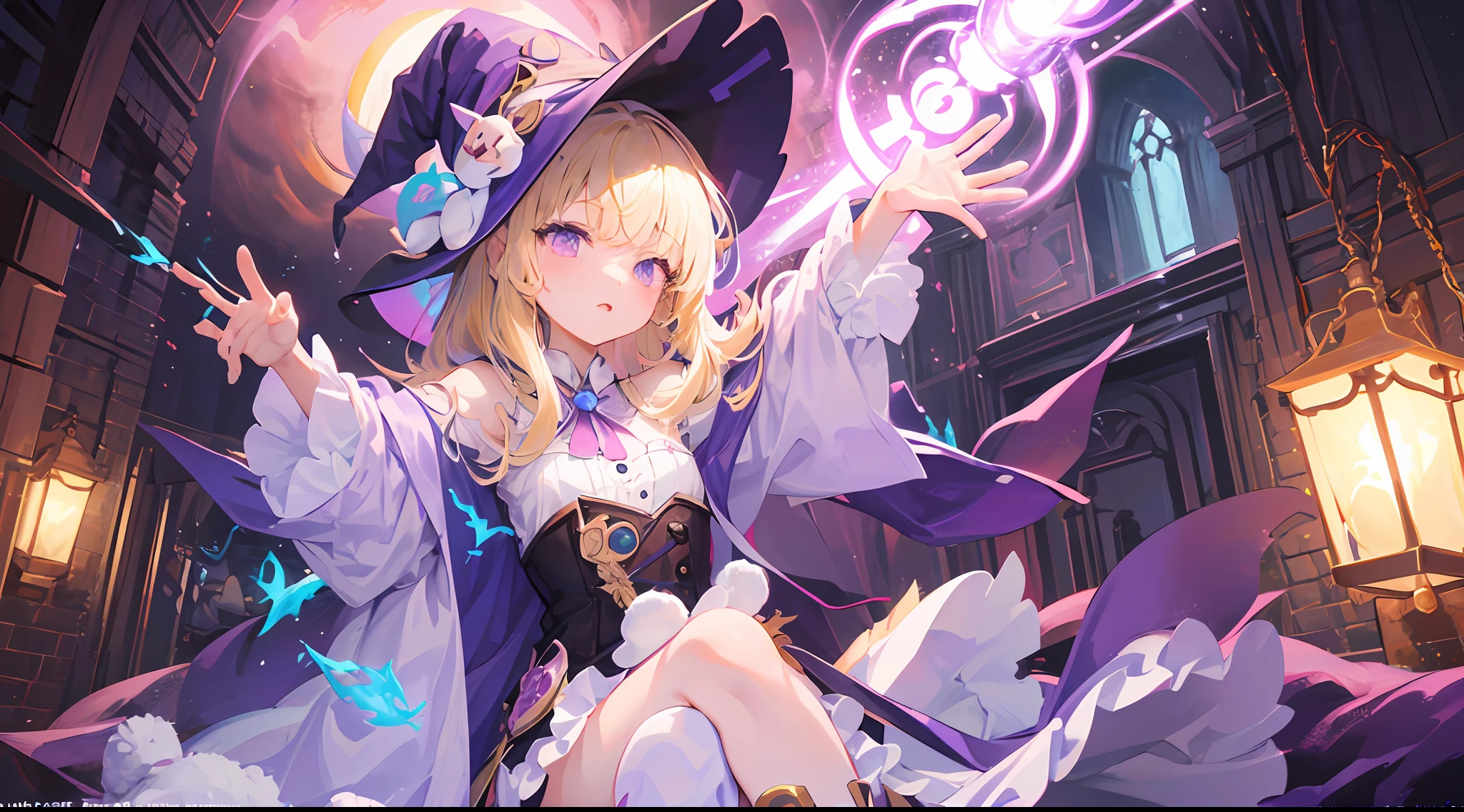 (Solo),pastelmix_lora,Masterpiece, Best quality, Ultra-detailed, illustration, 1girls, Witch hat, Purple eyes, Blonde hair, Waving a purple staff,Sprays purple energy, purple beam, purple effects, Dragons, chaos, Beautiful illustration, Best quality, Cute girl, Bedroom, pastel color, fluffy bunny ears, Petite, silverlong hair, rabbit stuffed toy, Bright lighting, light pink eyes