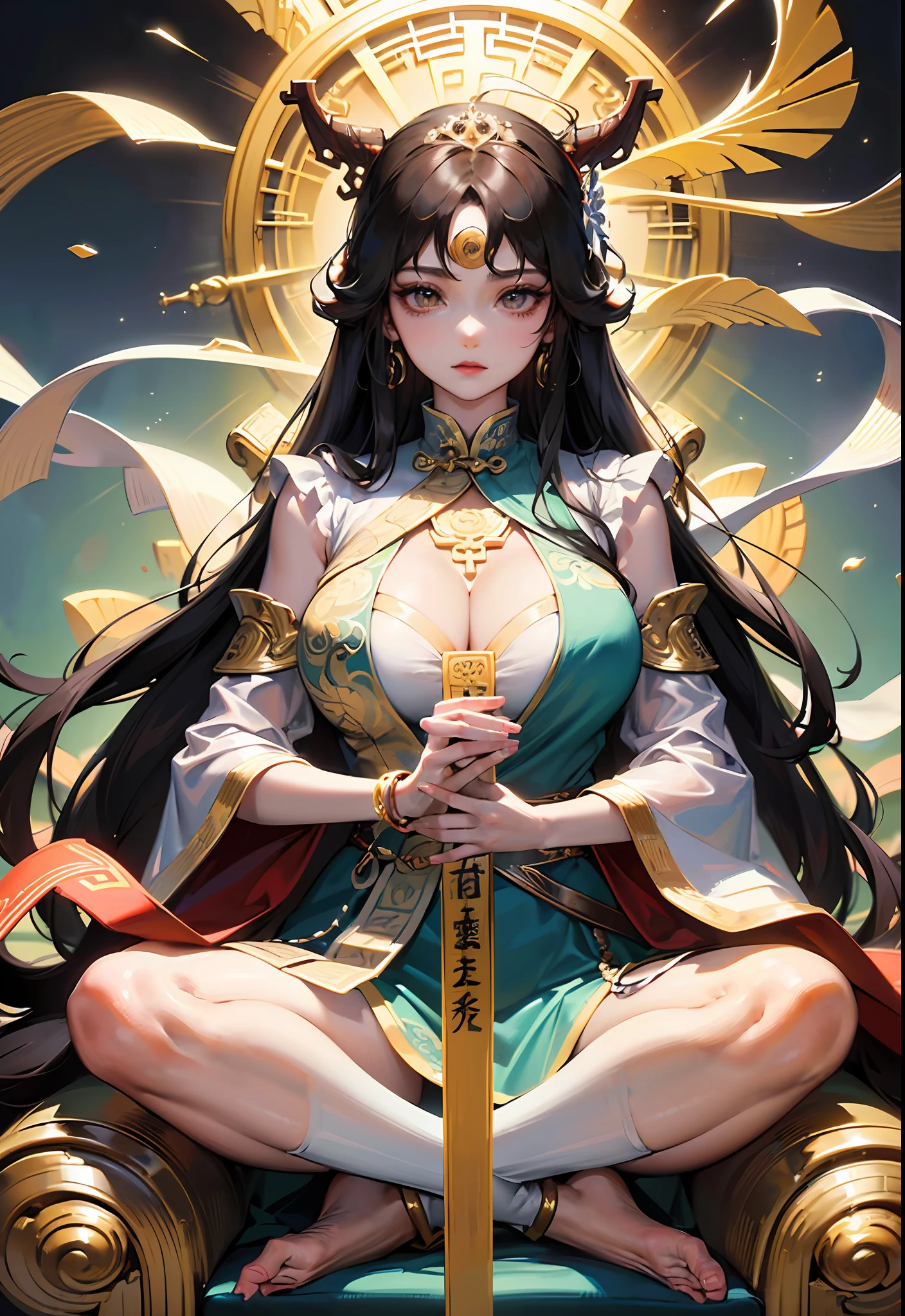 Queen Mother of the West，(The head of the Taoist fairy)，Ancient Chinese immortals，queen mother，Lord of the Heavenly Court，queen mother，Eternal life，(elegant，Noble temperament)，(married woman，熟女)，40 aged，(Super huge breasts)，Chinese wind，Peach Conference，Celestial，Temple，mansion，Taoist goddess，Pure white robe，Lotus throne，Hands naturally hang at your sides，White cloth socks，((Meditate cross-legged))，Perfect flesh full of texture，Captivating visual treat，Pure black coiled hair，Hair is supple，Jasper hairpin，Jasper bracelet，Magic weapon，(（best qulaity）），（（杰作）），MAXIMUM DEFINITION，illutst，（Super detailed face），（Perfect face），Ultra HD detail display，Excellent image performance，High quality illustrations，Perfect fit to harmonious tones，Deep lines，Precise brushstrokes，complicated detail