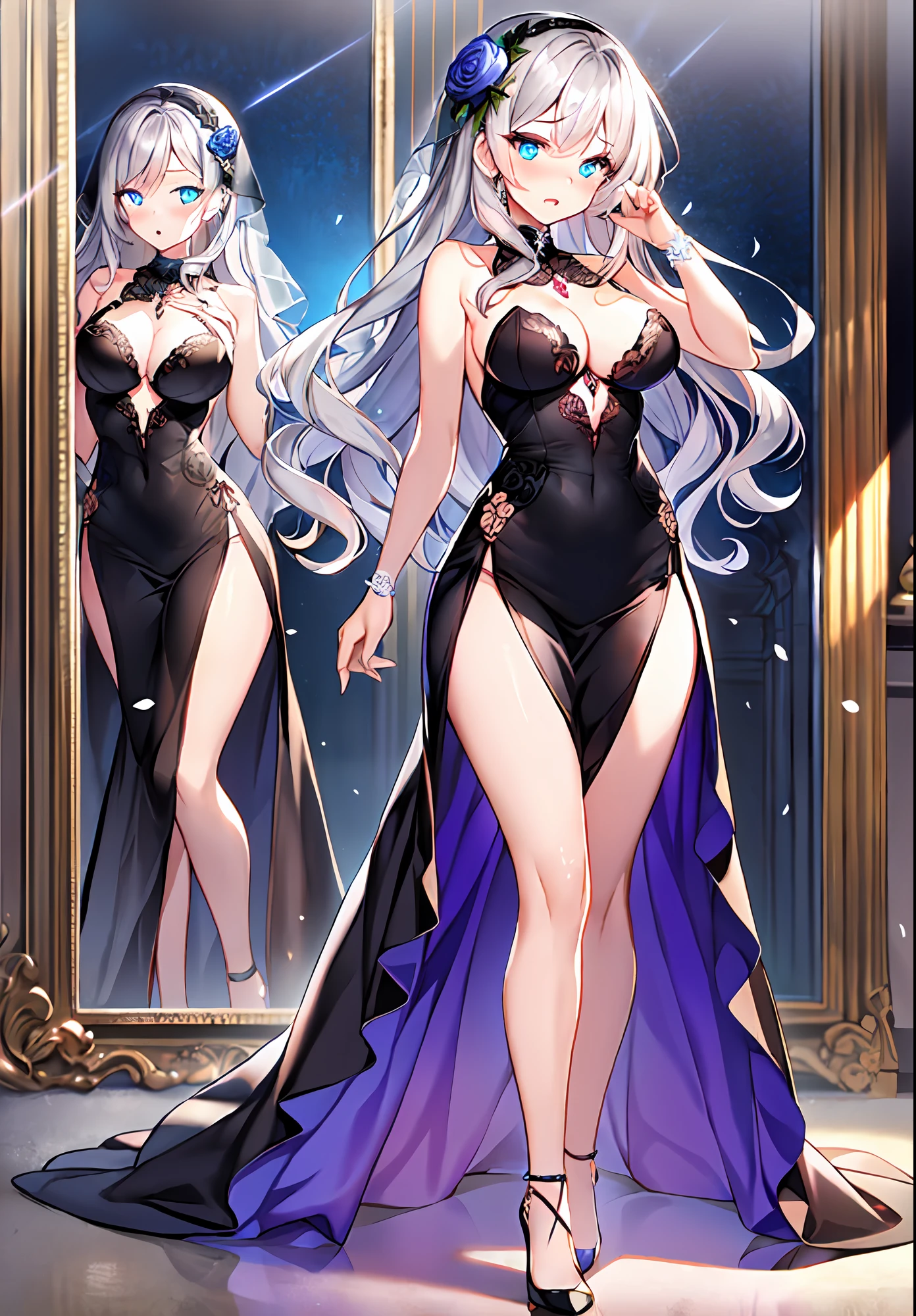 (masterpiece, reflections, atmospheric lighting, dynamic lighting), best quality, 1girl, perfect figure, perfect body, perfect face, dark-silver hair, long luscious curly hair, blue eyes, glowing sky blue eyes, delicate fingers, blushing, shy, embarrassed, lewd, open mouth, void black crown, jewel crown, black dress, strapless dress, slit leg dress, wedding dress, evening dress, lingerie dress, black high heels